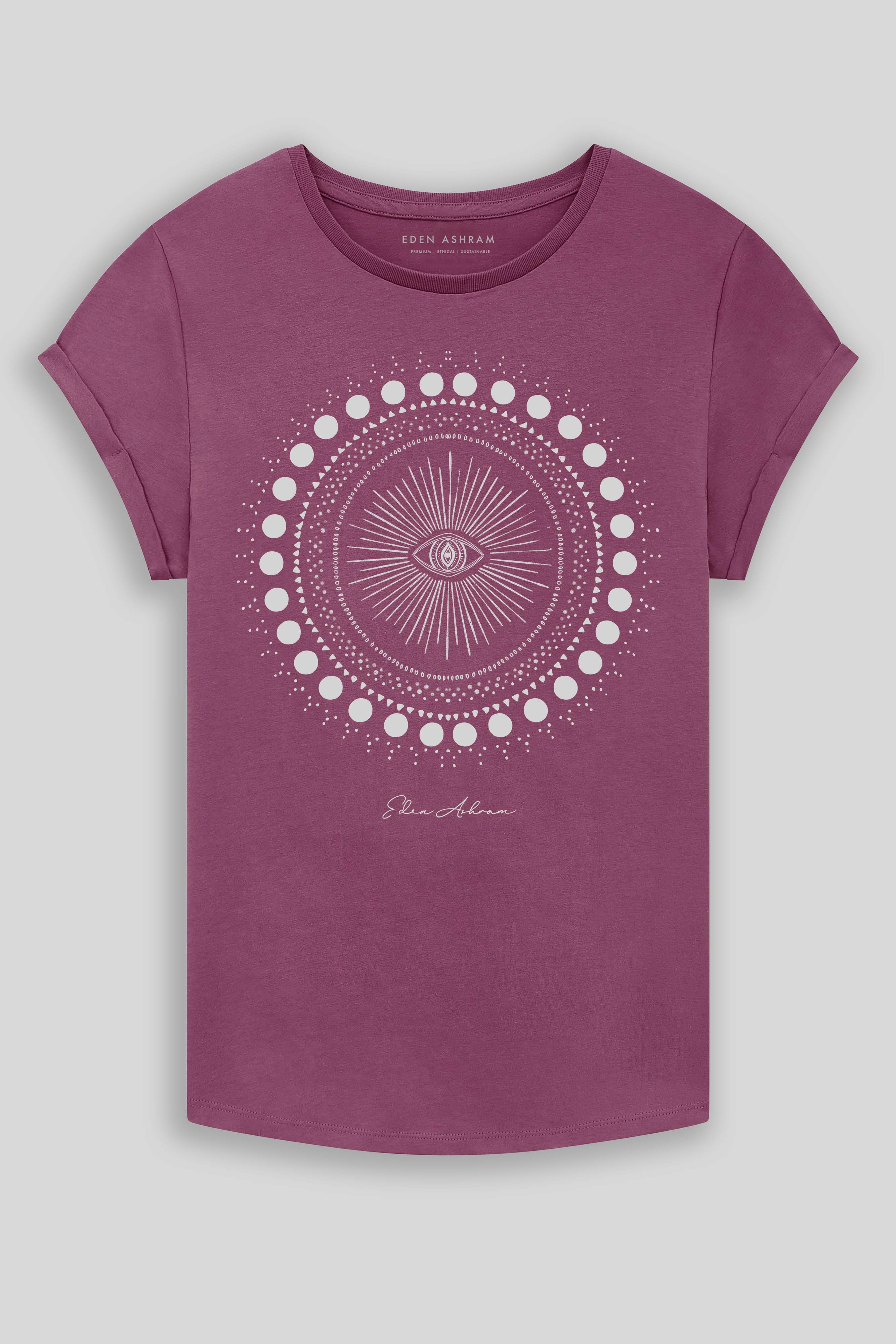 Eden Ashram Cosmic Eye Mandala Premium Rolled Sleeve T-Shirt Faded Burgundy