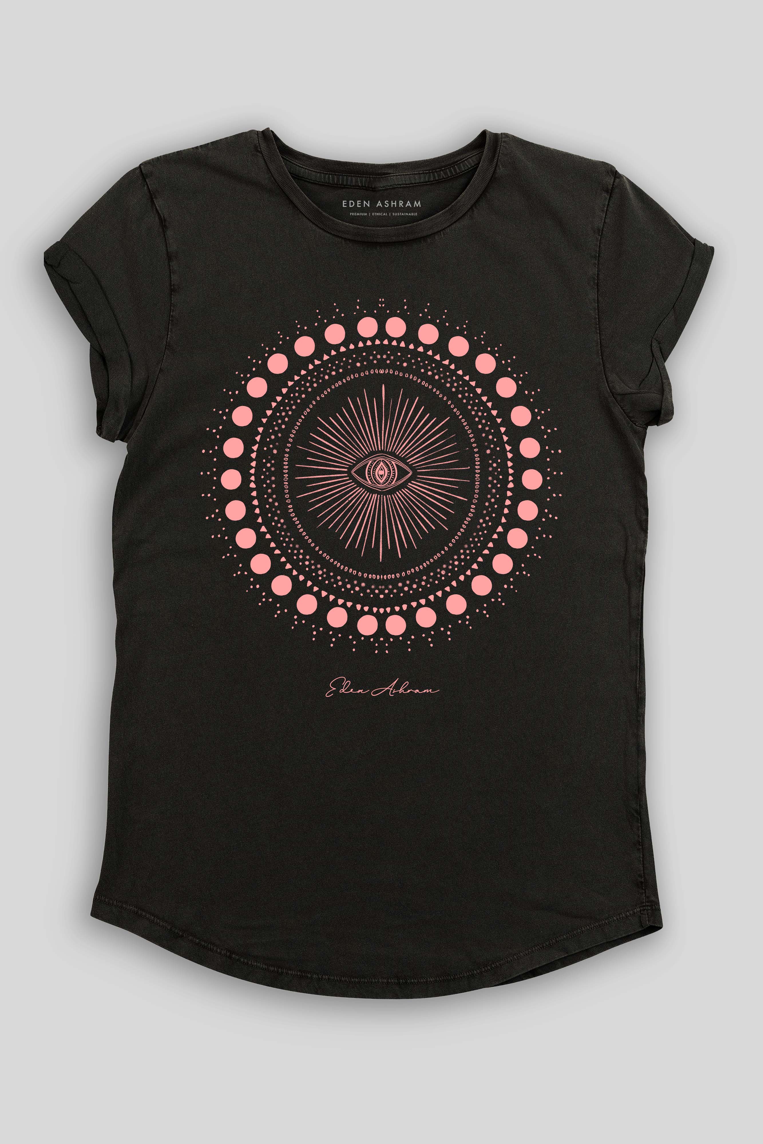 Eden Ashram Cosmic Eye Mandala Premium Rolled Sleeve T-Shirt Stonewash Black