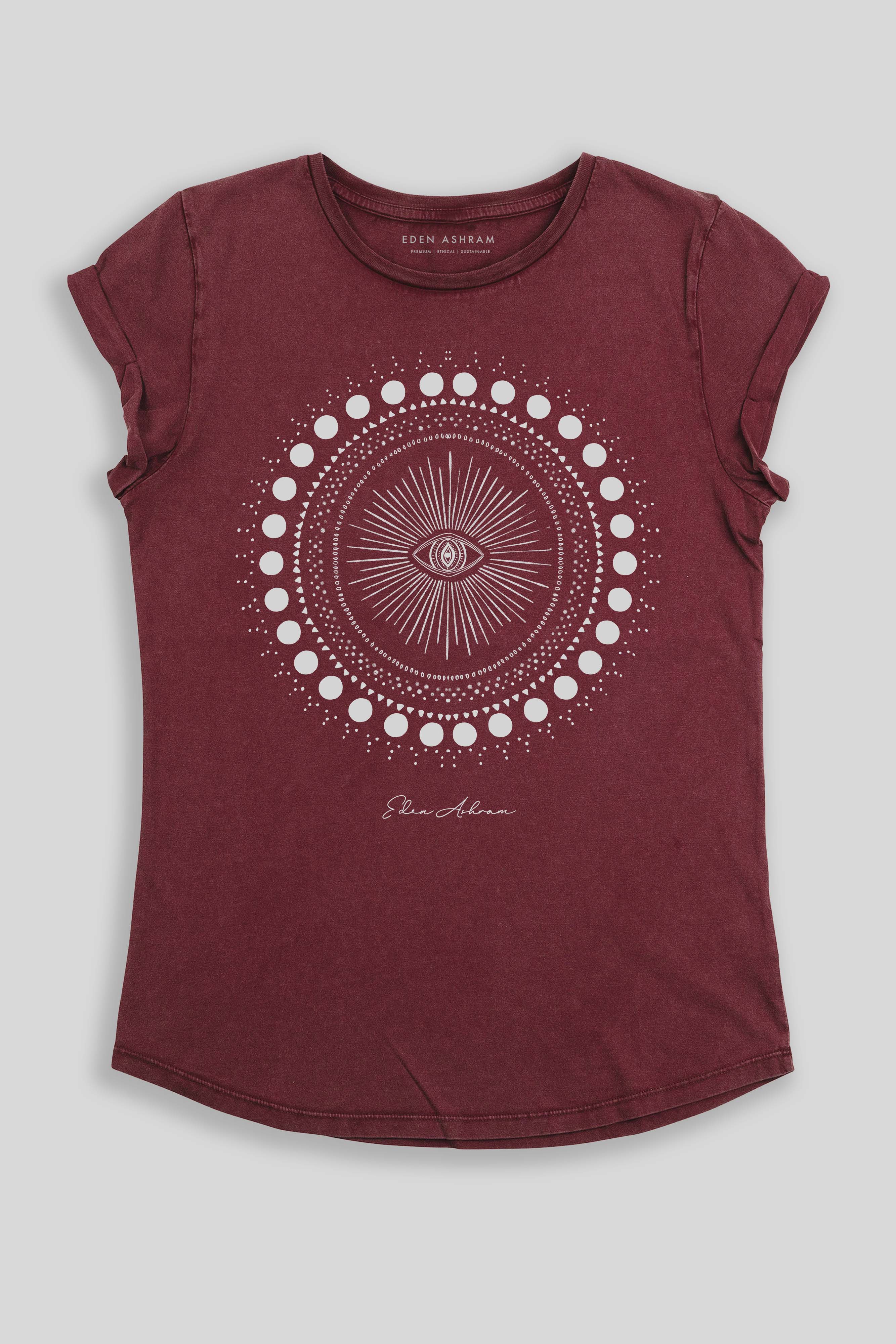 Eden Ashram Cosmic Eye Mandala Premium Rolled Sleeve T-Shirt Stonewash Burgundy