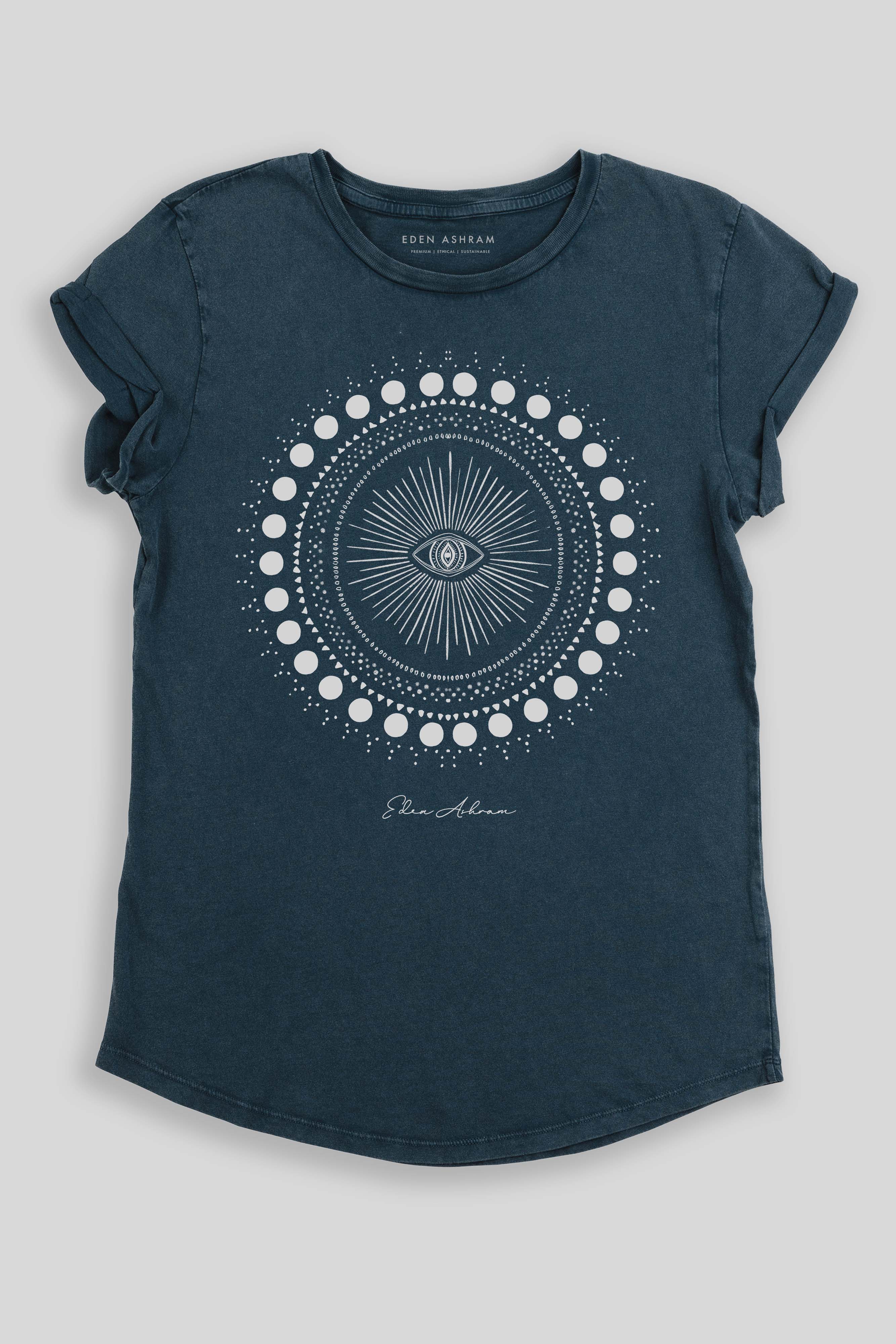 Eden Ashram Cosmic Eye Mandala Premium Rolled Sleeve T-Shirt Stonewash Denim