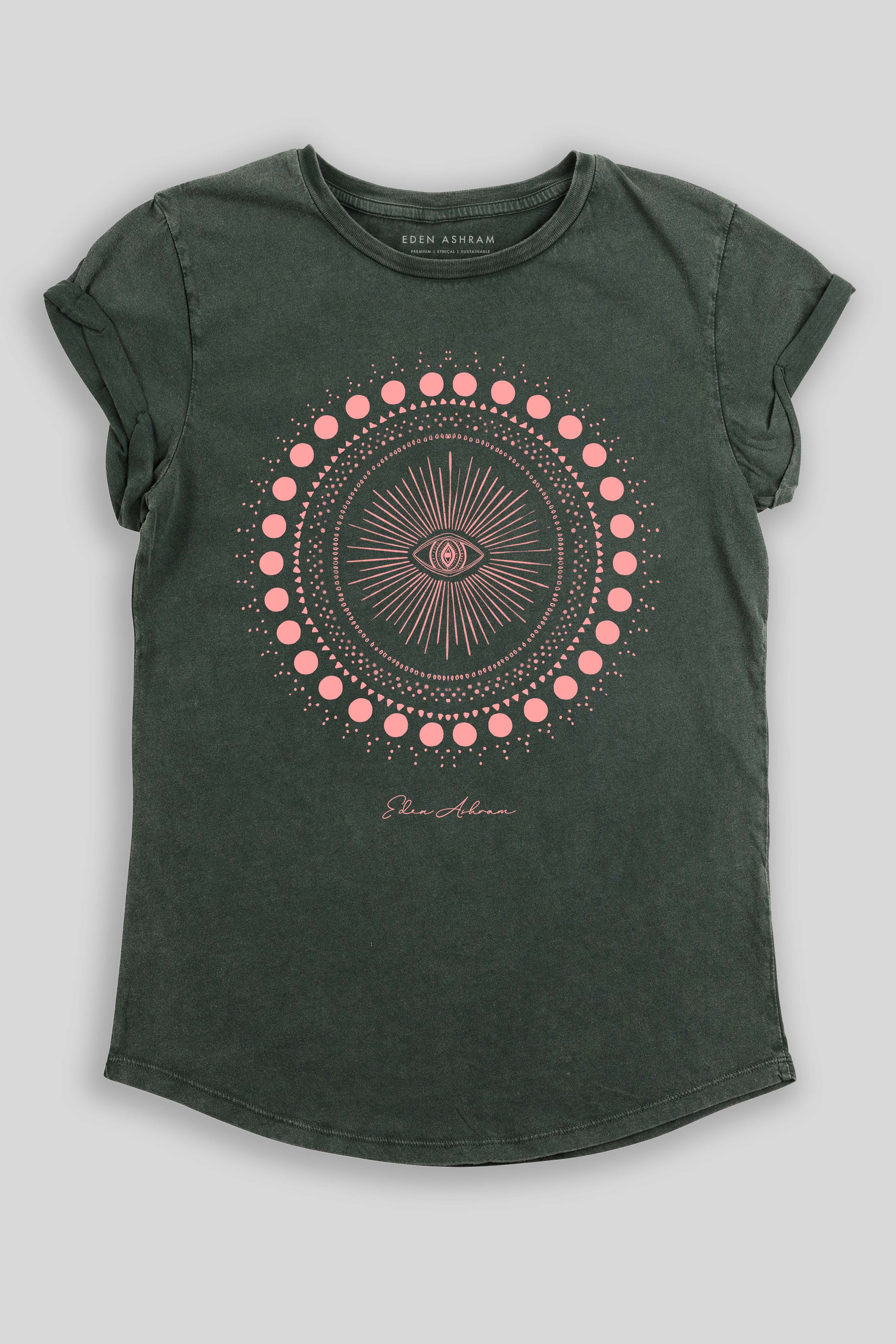 Eden Ashram Cosmic Eye Mandala Premium Rolled Sleeve T-Shirt Stonewash Green