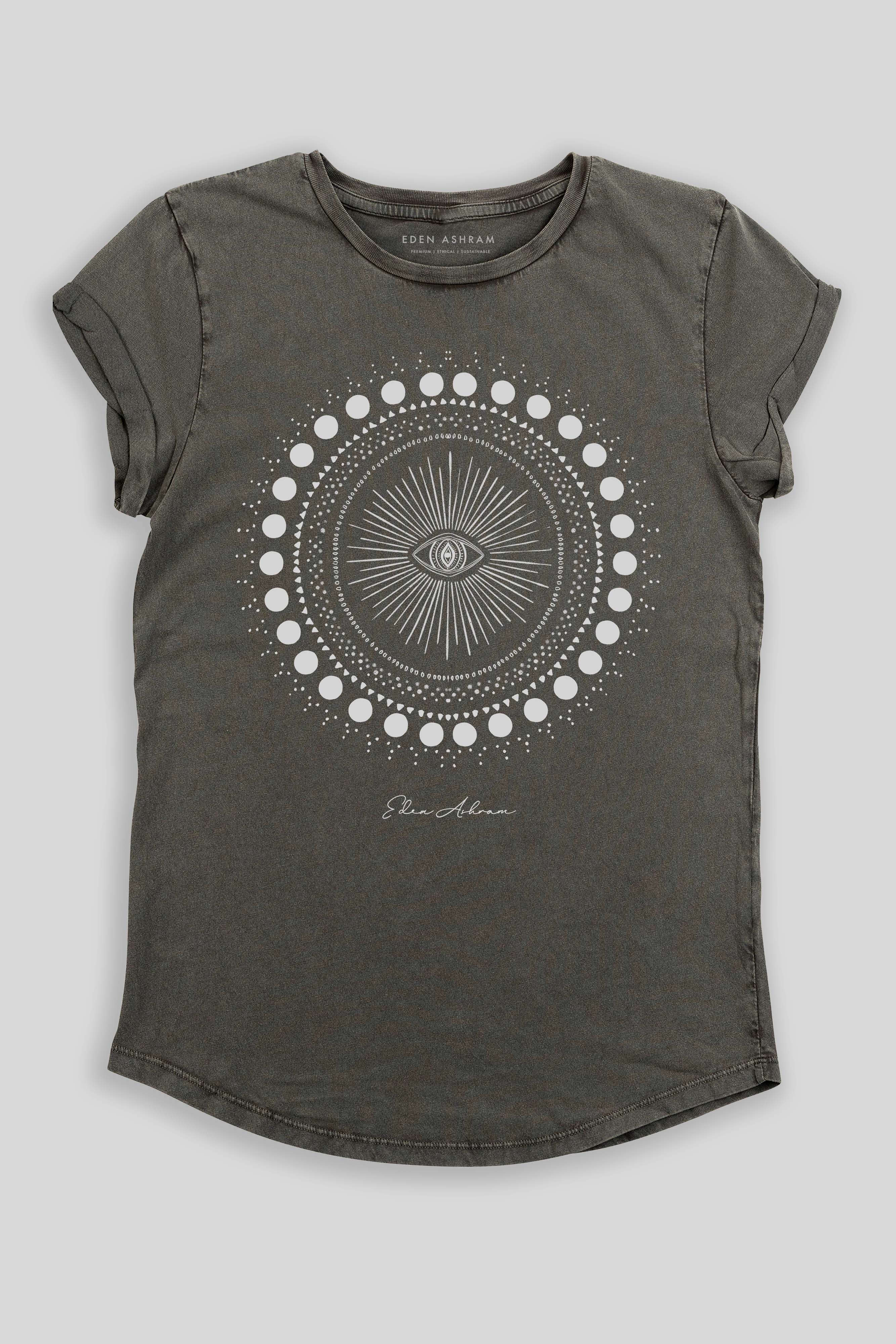 Eden Ashram Cosmic Eye Mandala Premium Rolled Sleeve T-Shirt Stonewash Grey