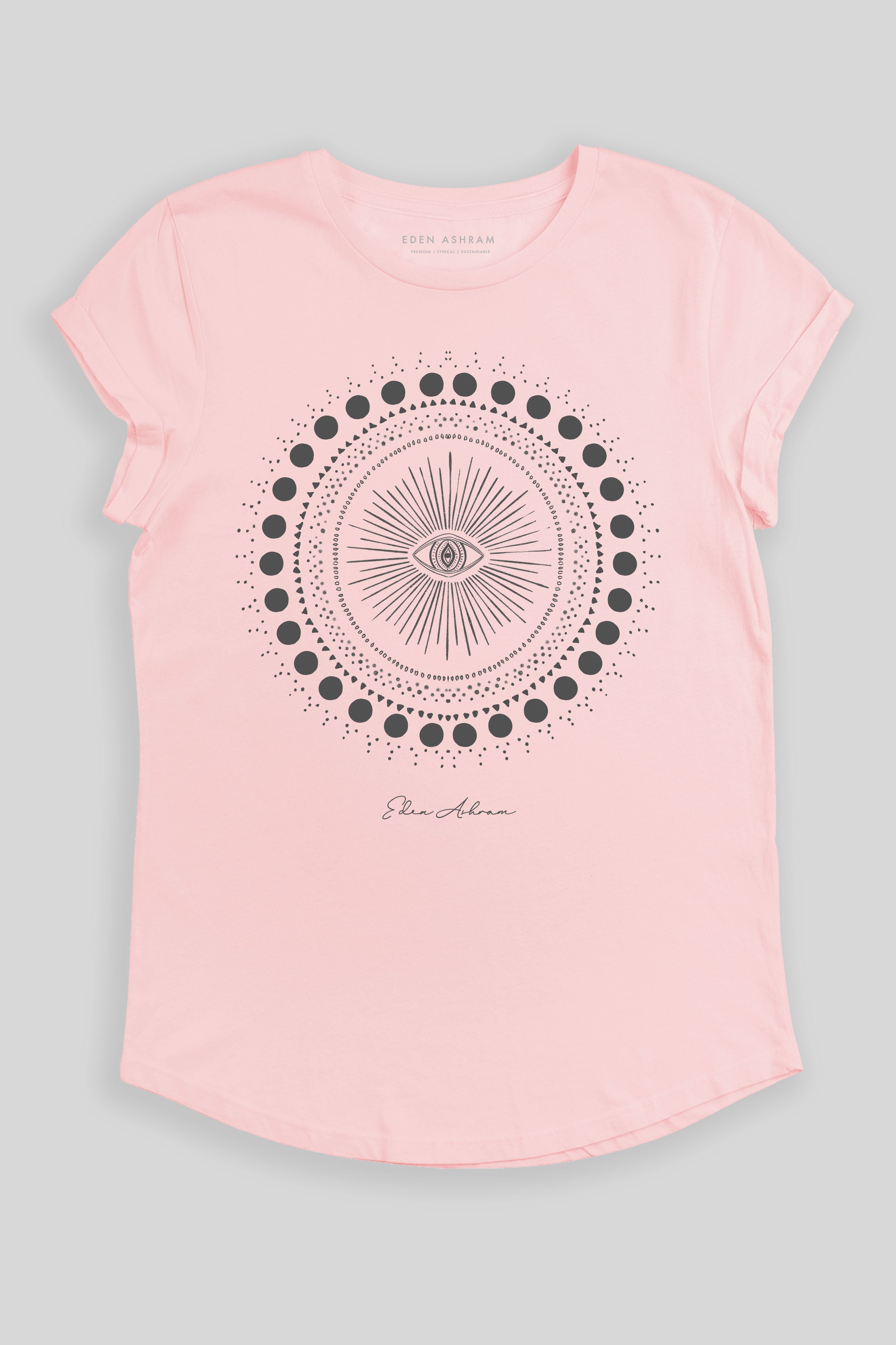 Eden Ashram Cosmic Eye Mandala Premium Rolled Sleeve T-Shirt Stonewash Pink