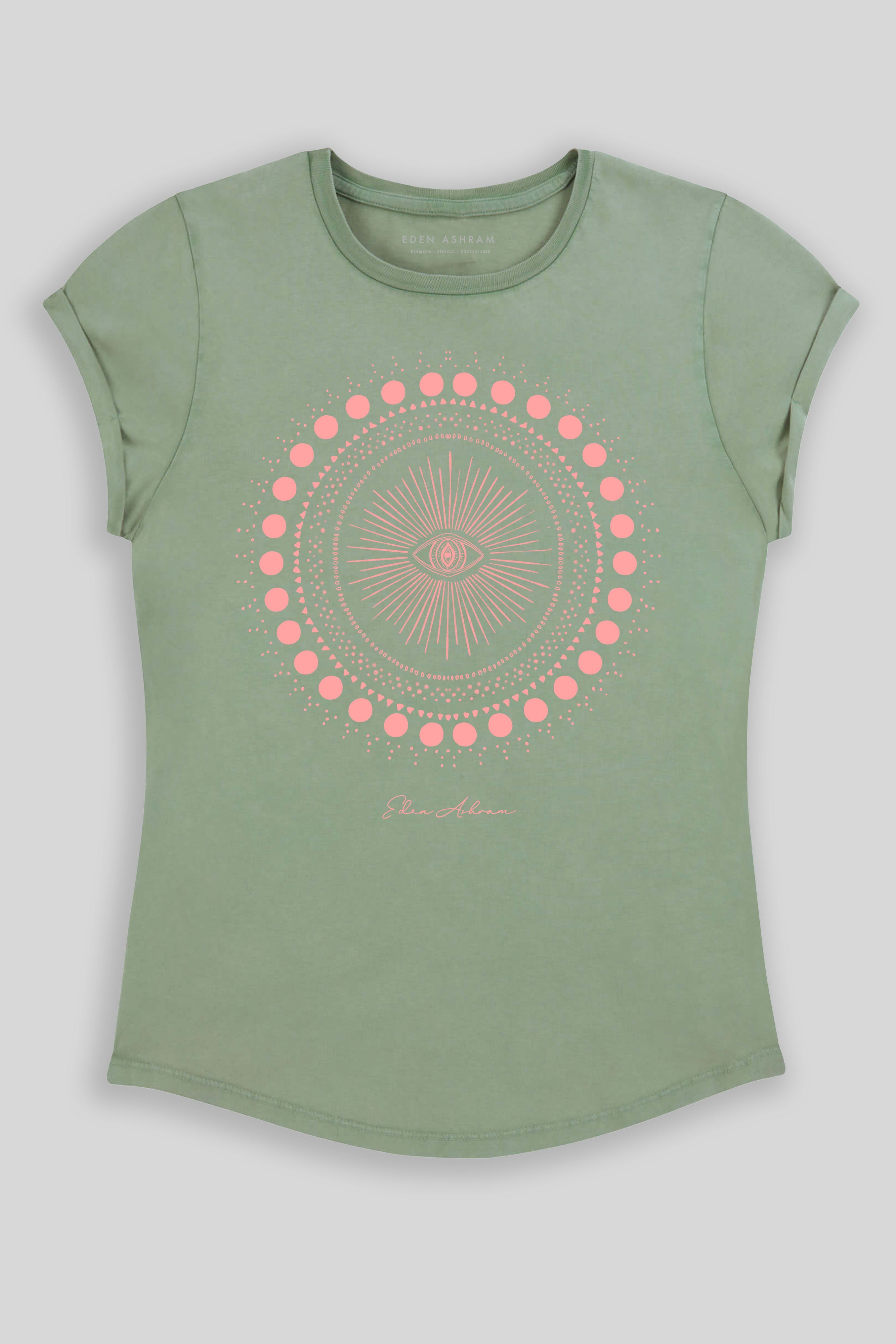 Eden Ashram Cosmic Eye Mandala Premium Rolled Sleeve T-Shirt Stonewash Sage