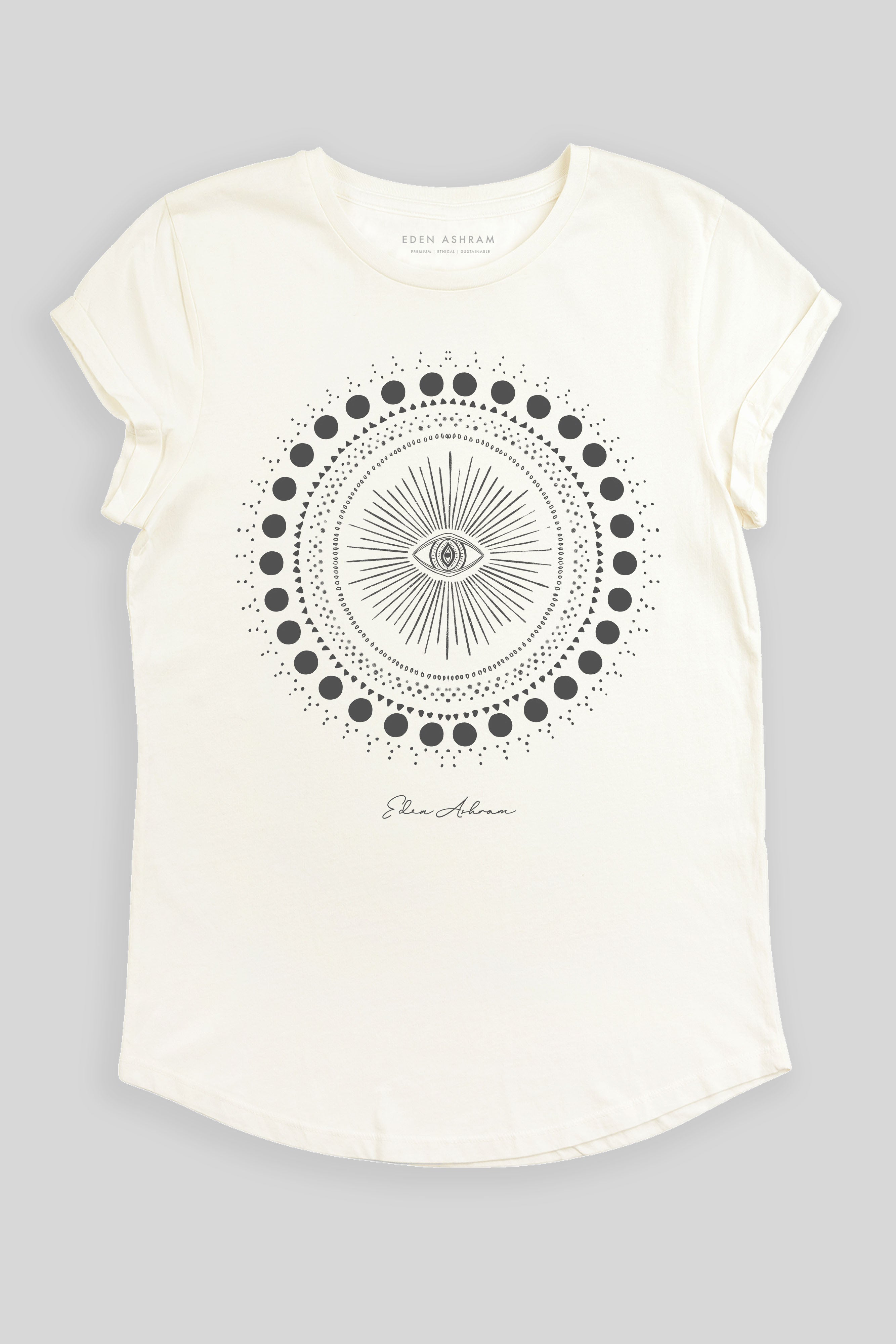 Eden Ashram Cosmic Eye Mandala Premium Rolled Sleeve T-Shirt Stonewash White