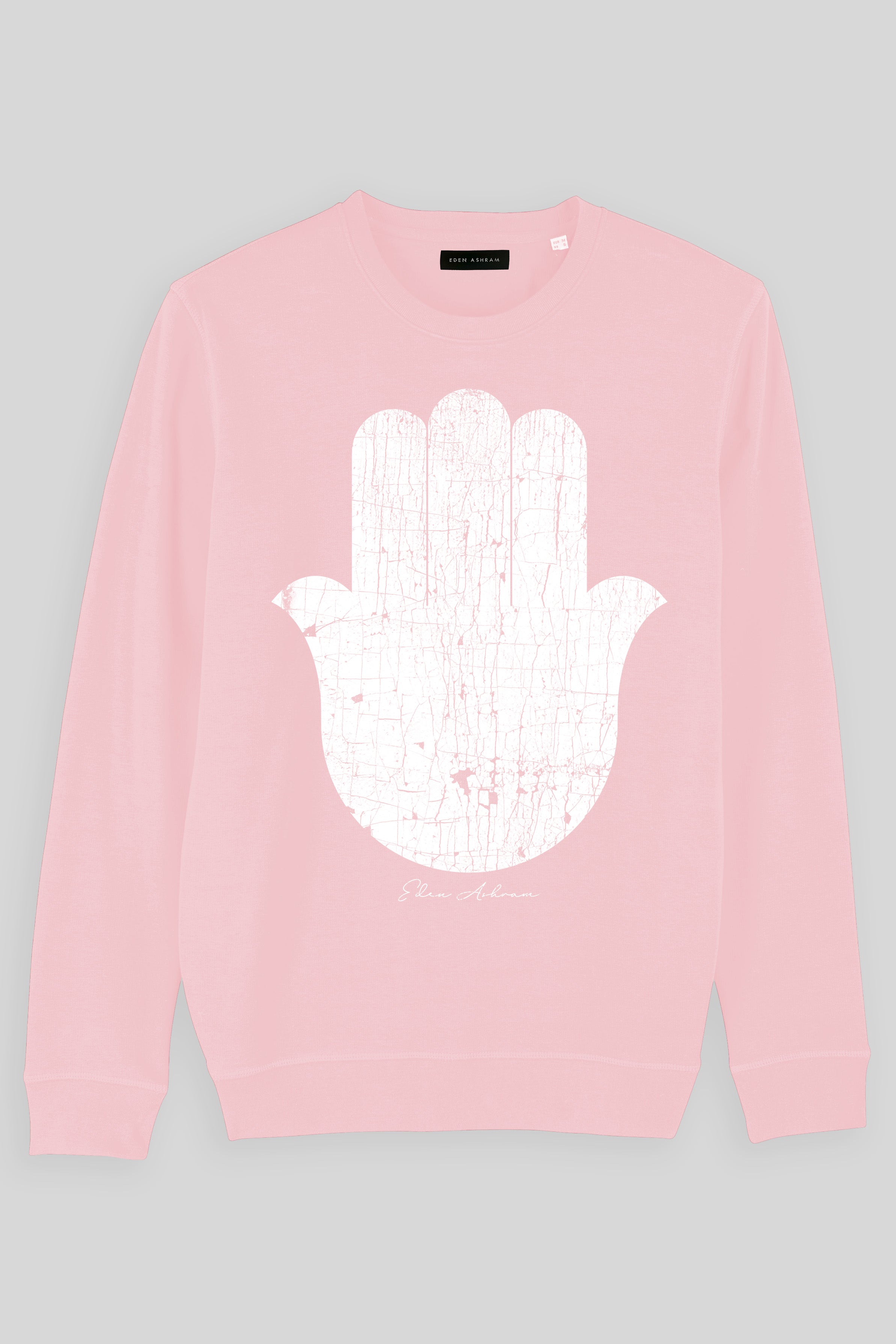 EDEN ASHRAM Cracked Hamsa Premium Crew New Neck Sweatshirt Cotton Pink