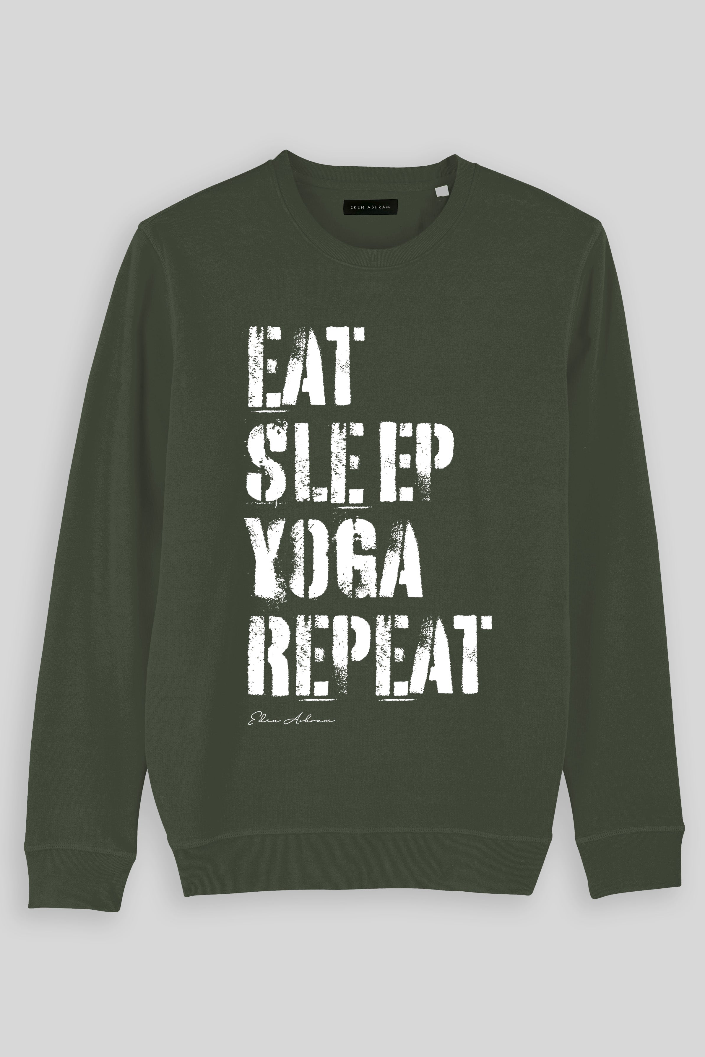 Eden Ashram Eat, Sleep, Yoga Repeat Premium Crew Neck Sweatshirt Khaki