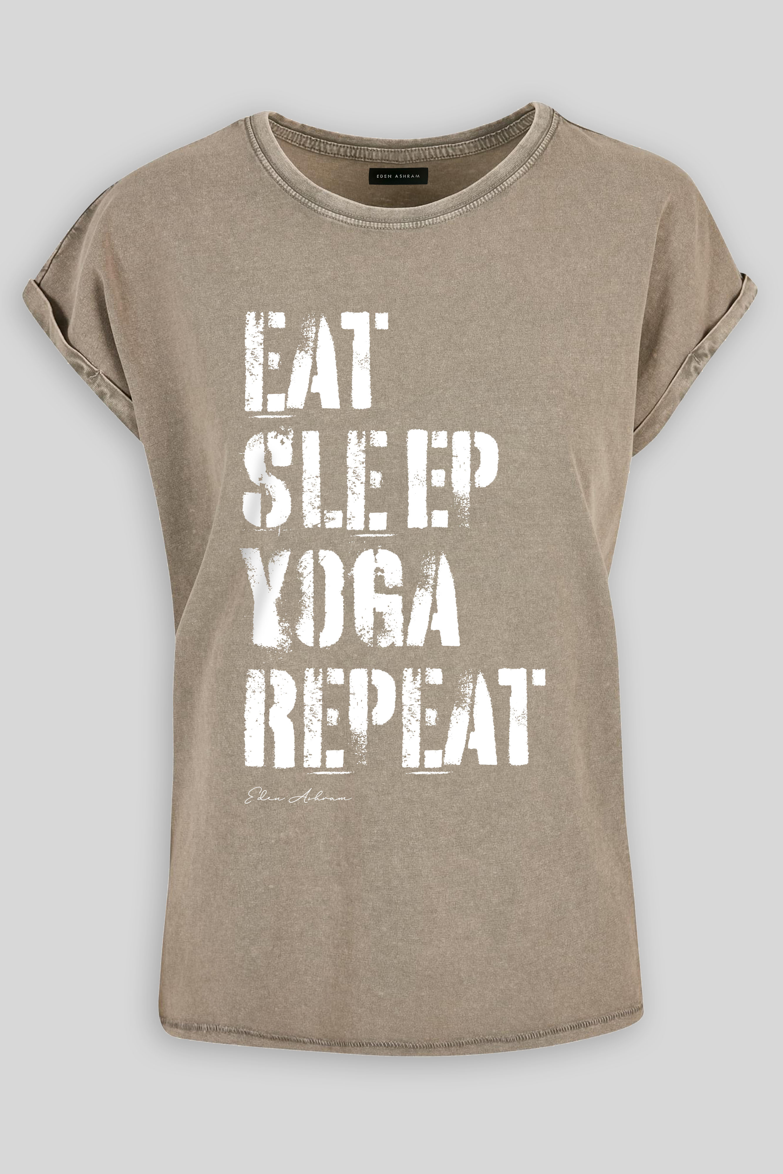 EDEN ASHRAM Eat Sleep Yoga Repeat Premium Relaxed Boyfriend T-Shirt Acid Wash Khaki