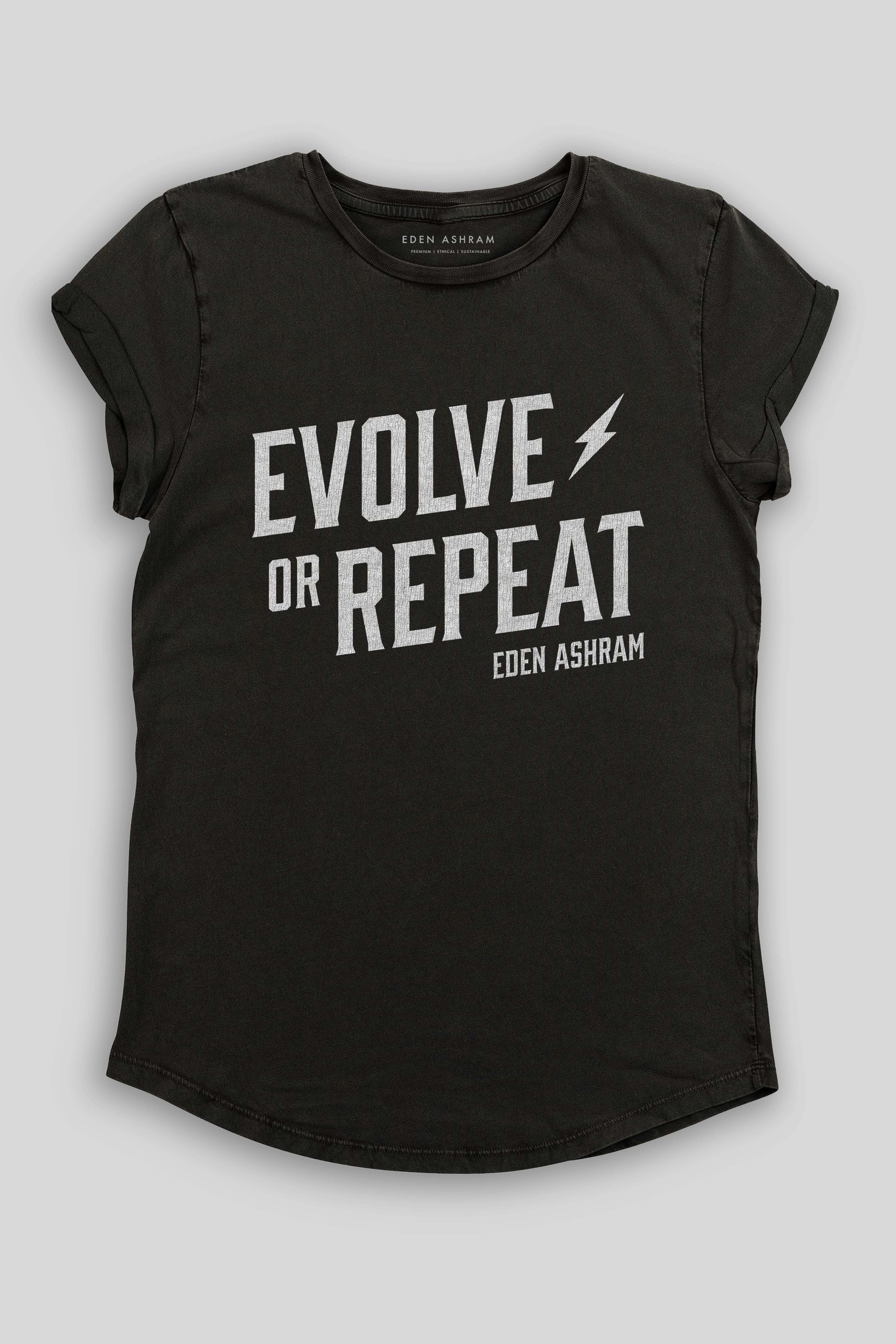 Eden Ashram Evolve Or Repeat Premium Rolled Sleeve T-Shirt Stonewash Black