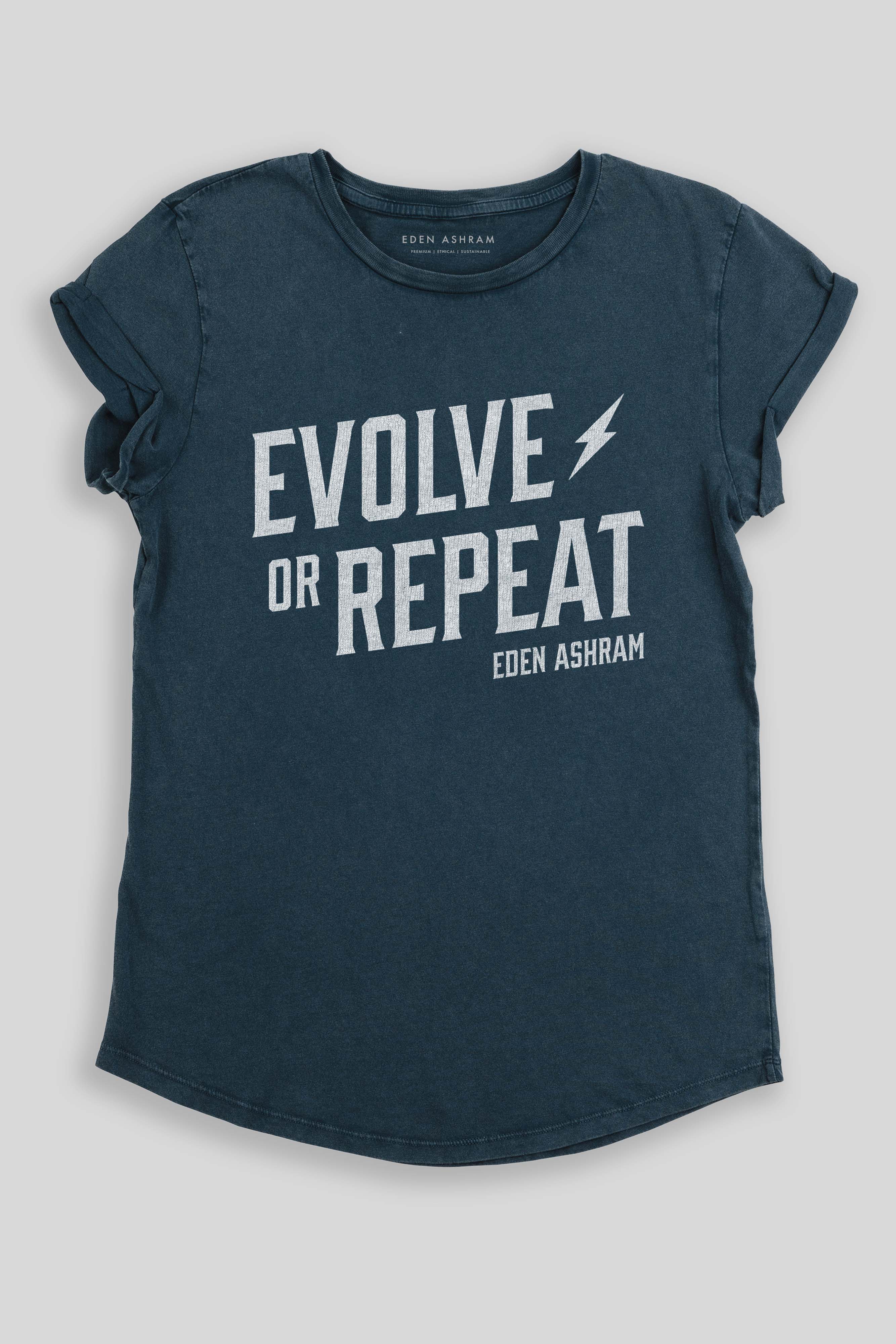 Eden Ashram Evolve Or Repeat Premium Rolled Sleeve T-Shirt Stonewash Denim