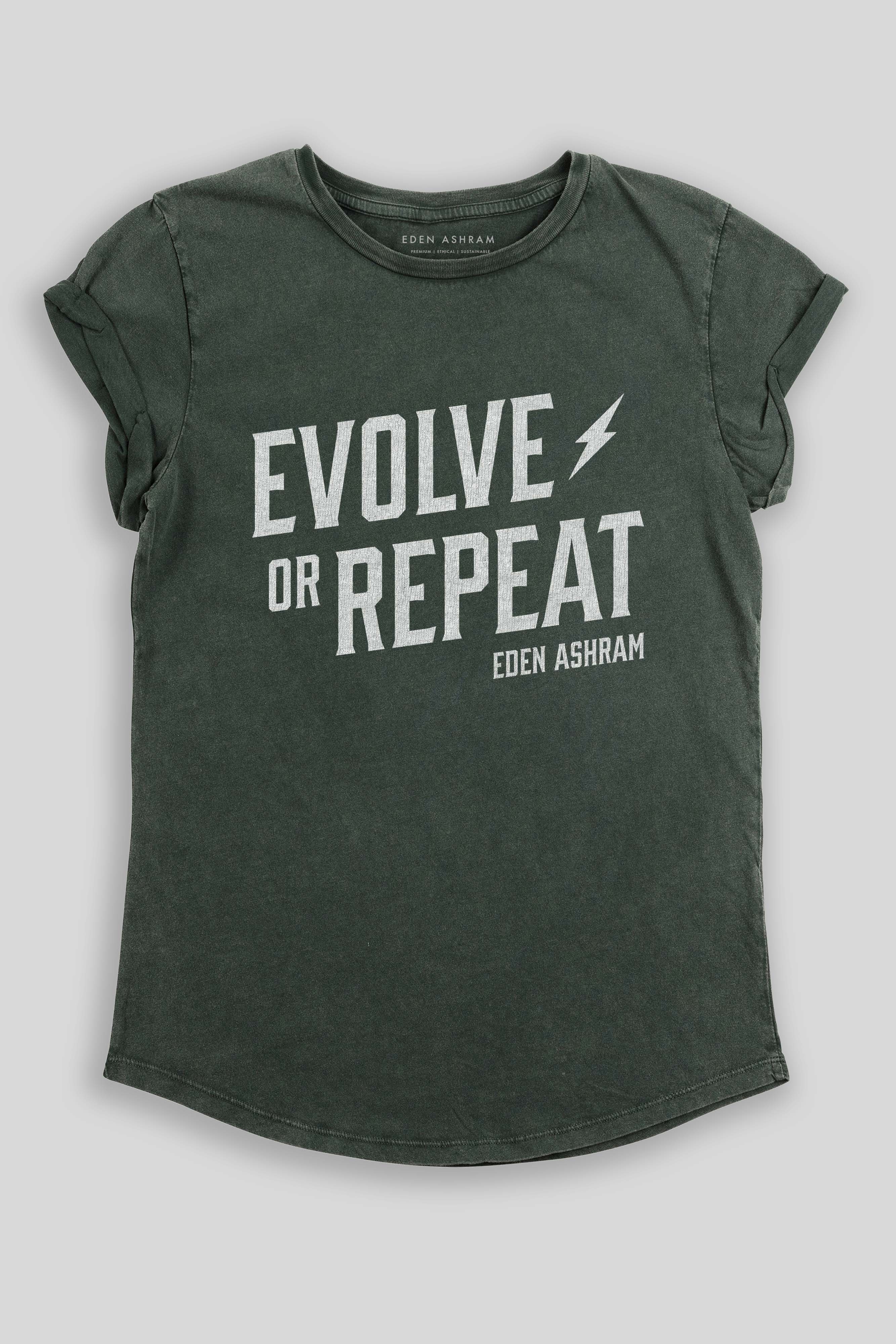 Eden Ashram Evolve Or Repeat Premium Rolled Sleeve T-Shirt Stonewash Green