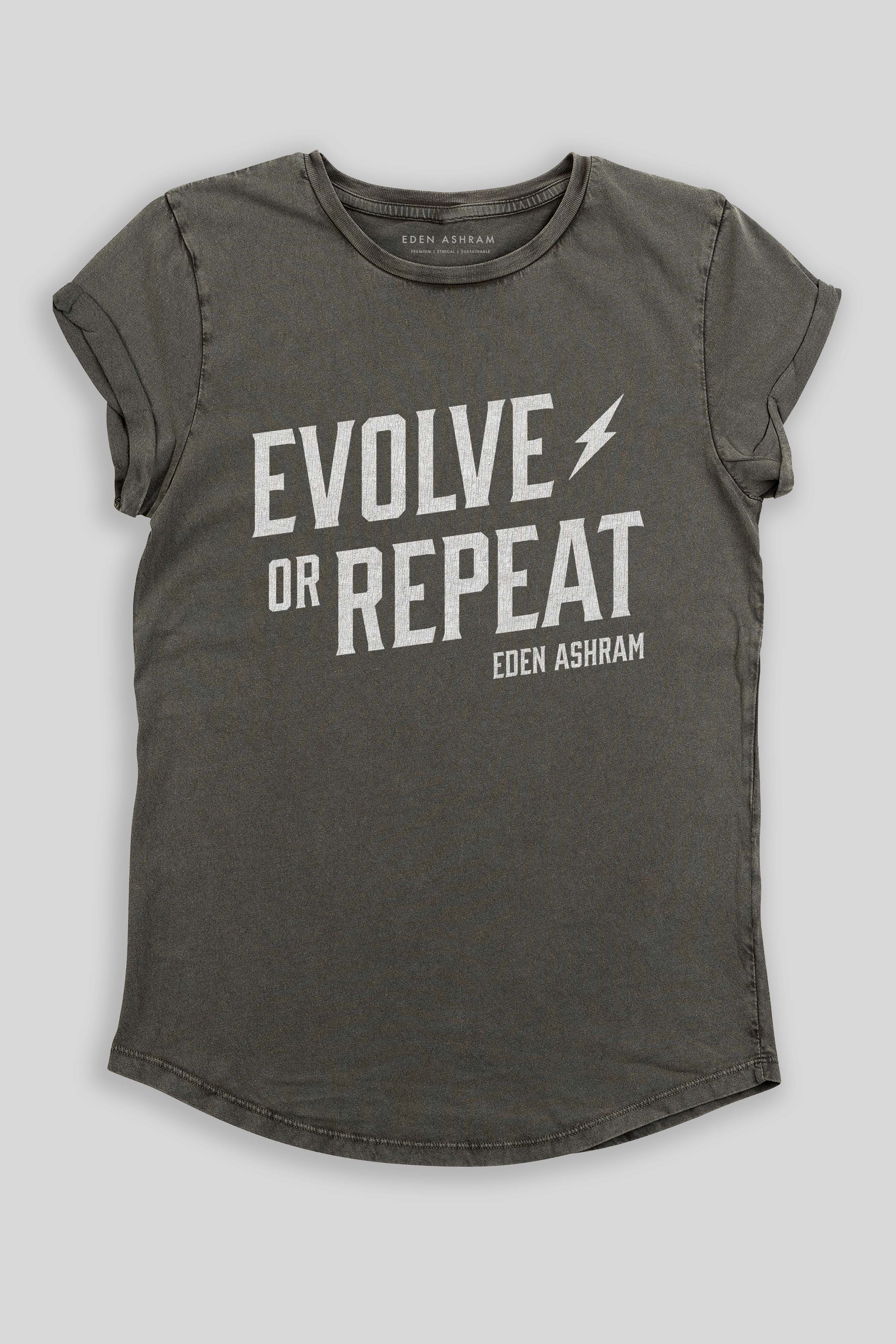 Eden Ashram Evolve Or Repeat Premium Rolled Sleeve T-Shirt Stonewash Grey