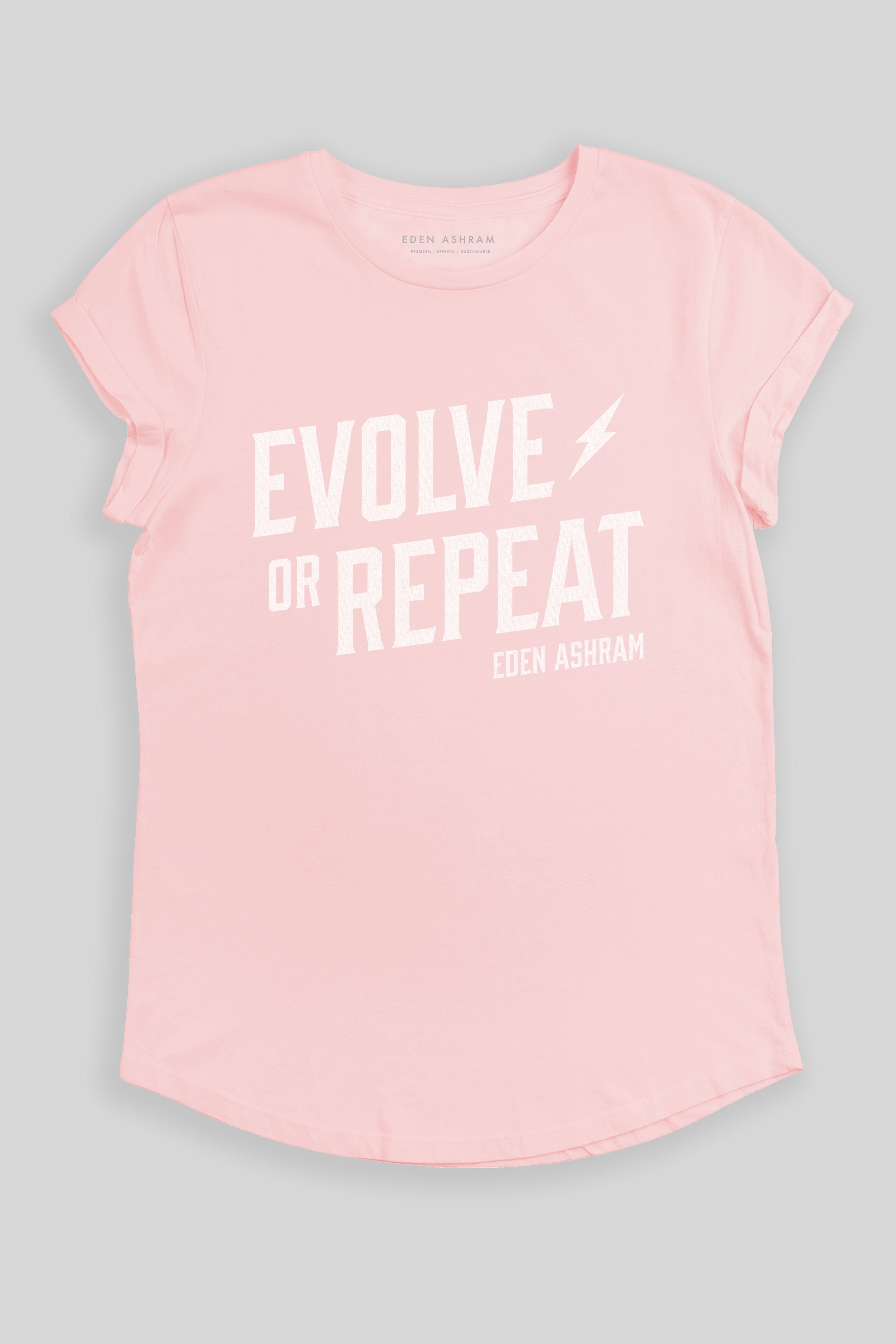 Eden Ashram Evolve Or Repeat Premium Rolled Sleeve T-Shirt Stonewash Pink