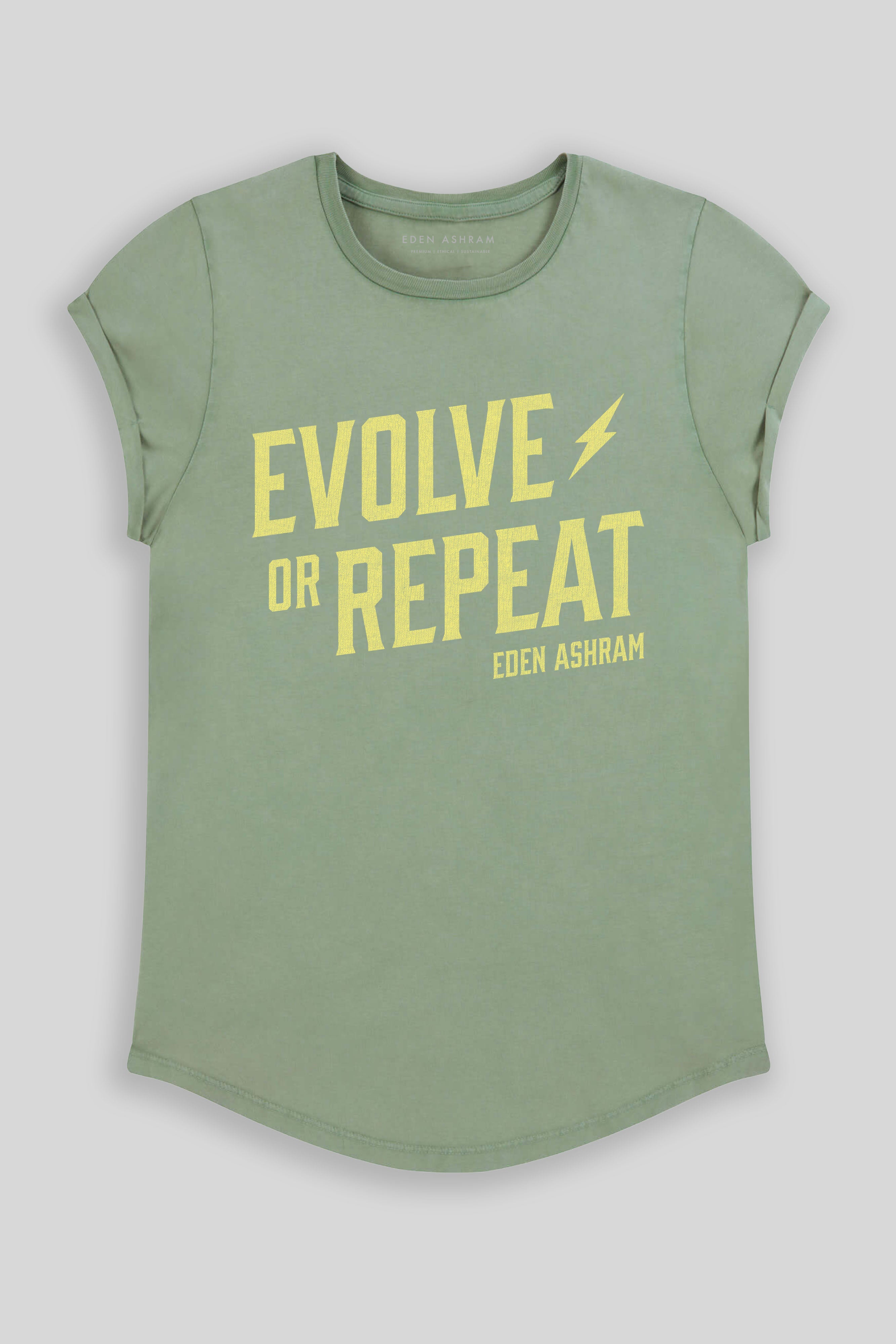 Eden Ashram Evolve Or Repeat Premium Rolled Sleeve T-Shirt Stonewash Sage