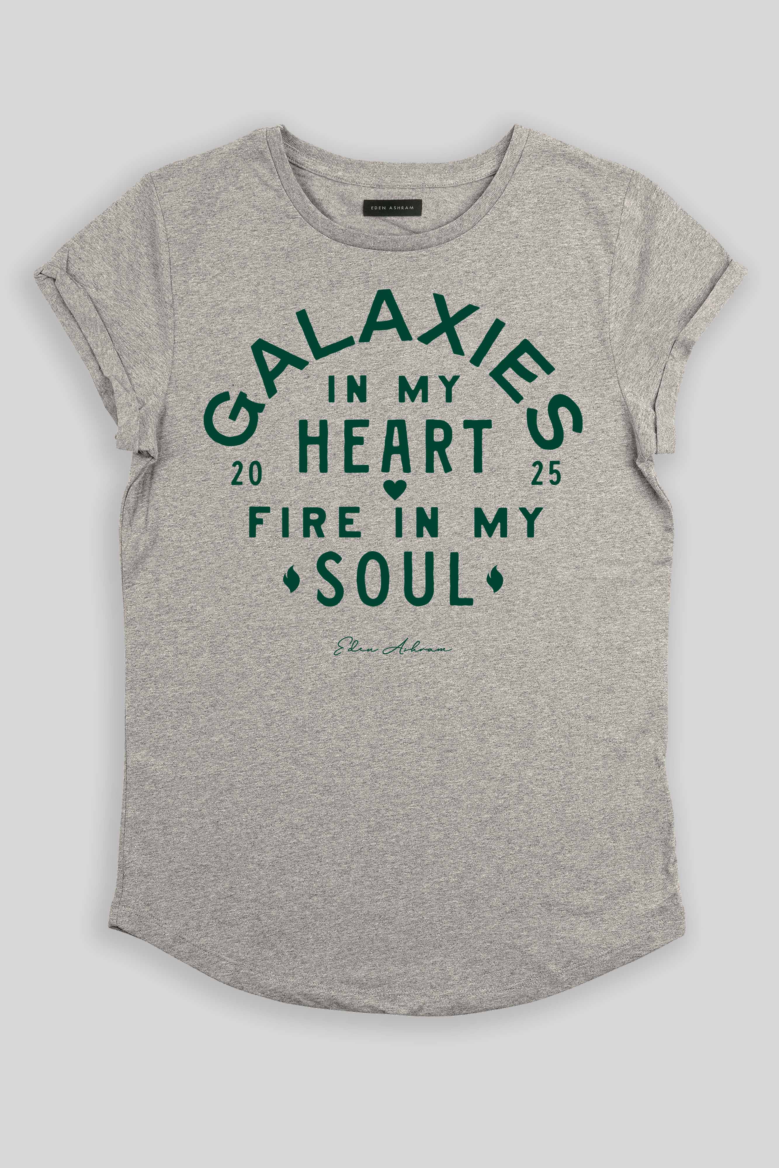 Eden Ashram Galaxies In My Heart - Fire In My Soul Premium Rolled Sleeve T-Shirt Heather Grey