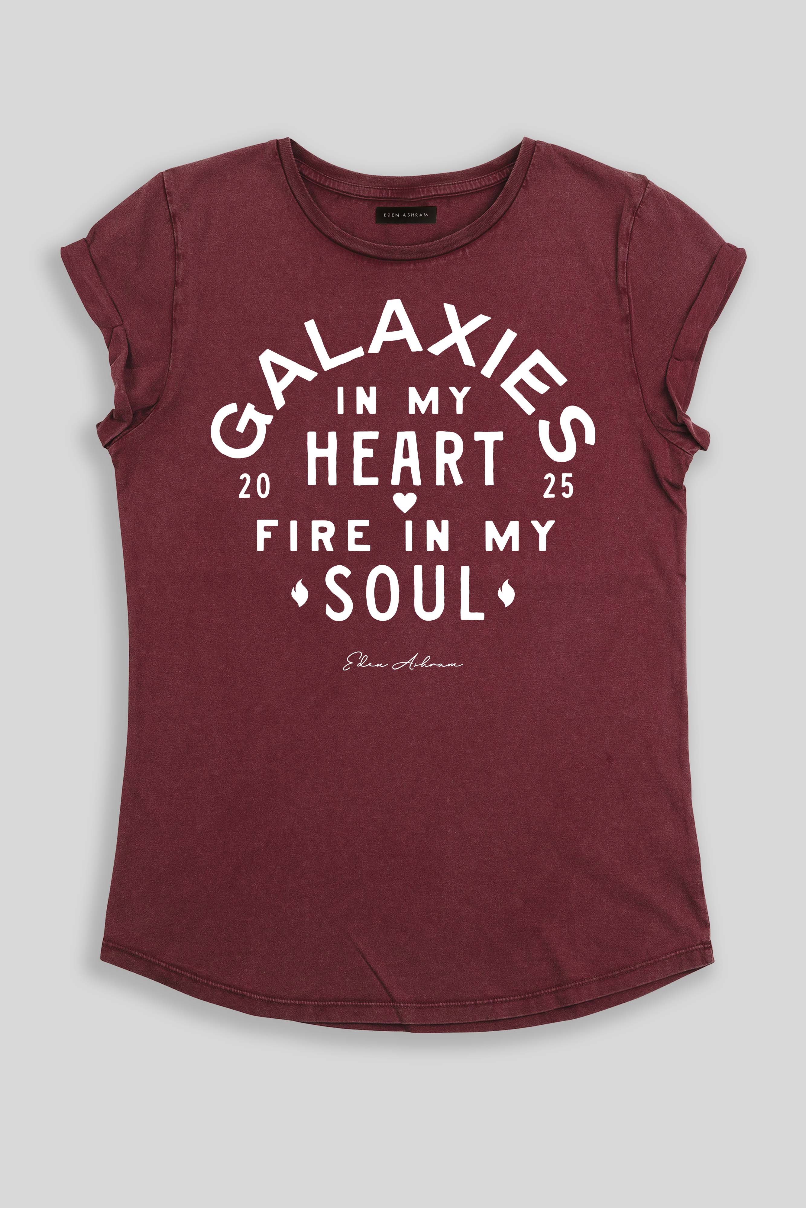 Eden Ashram Galaxies In My Heart - Fire In My Soul Premium Rolled Sleeve T-Shirt Stonewash Burgundy