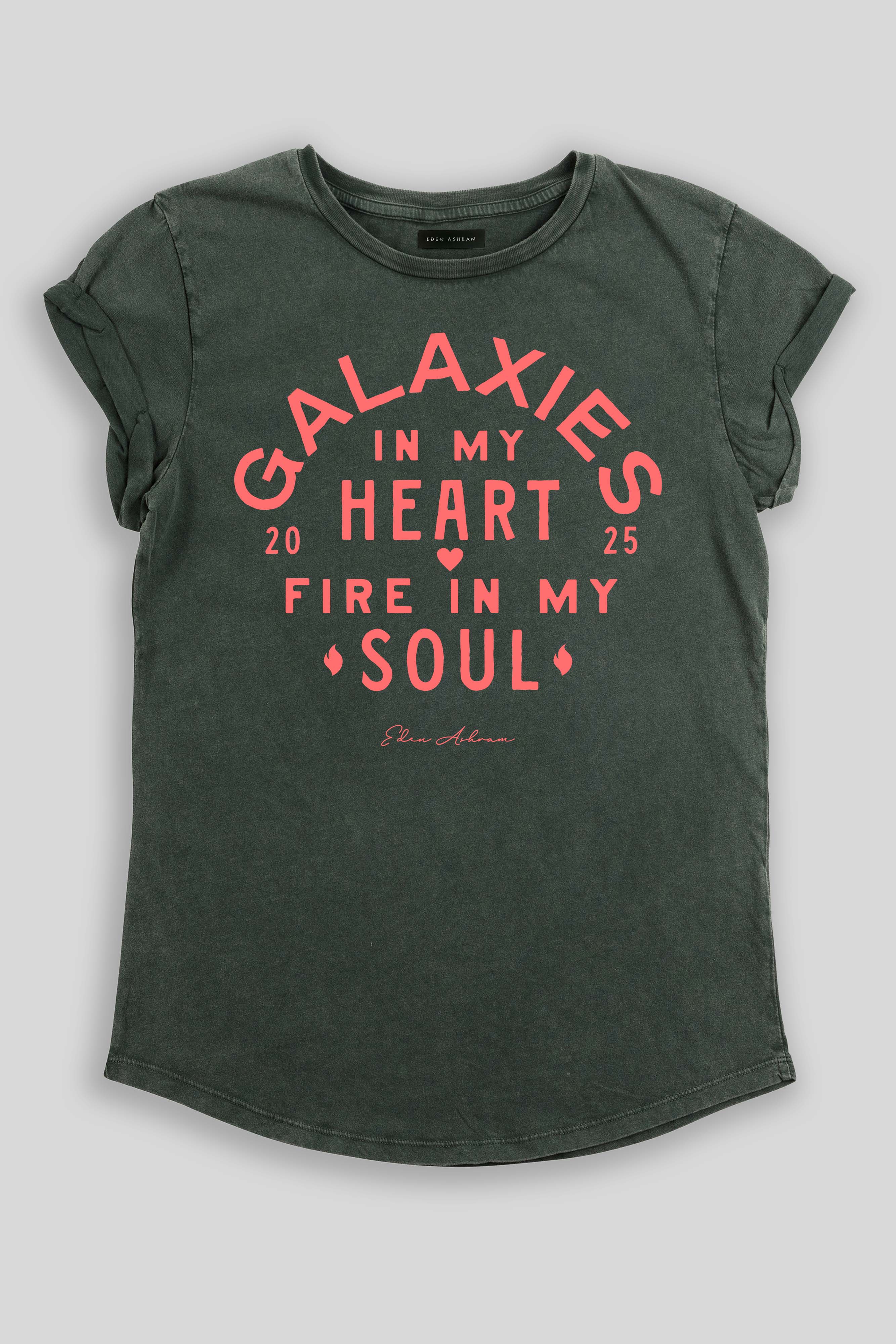 Eden Ashram Galaxies In My Heart - Fire In My Soul Premium Rolled Sleeve T-Shirt Stonewash Green