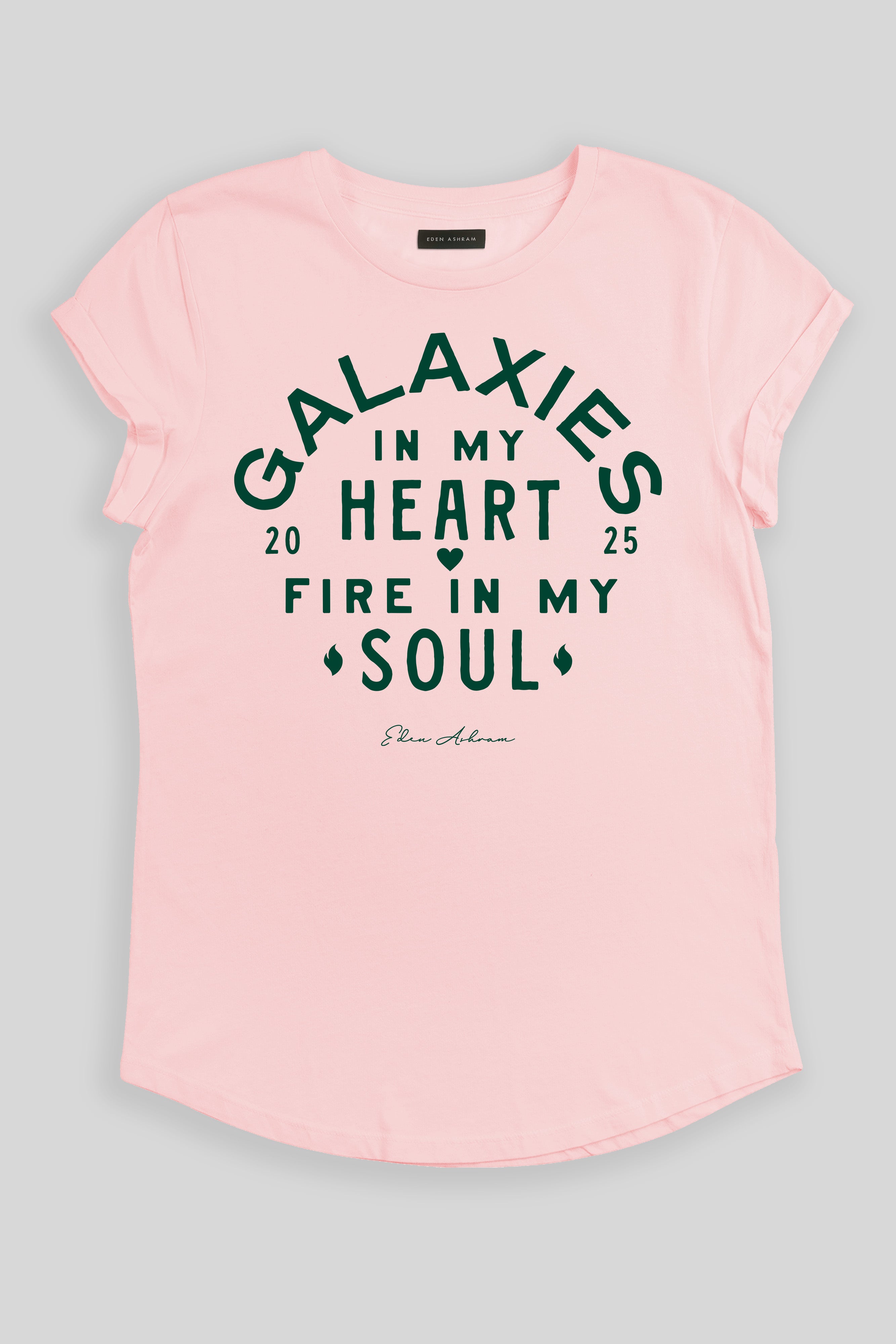 Eden Ashram Galaxies In My Heart - Fire In My Soul Premium Rolled Sleeve T-Shirt Stonewash Pink