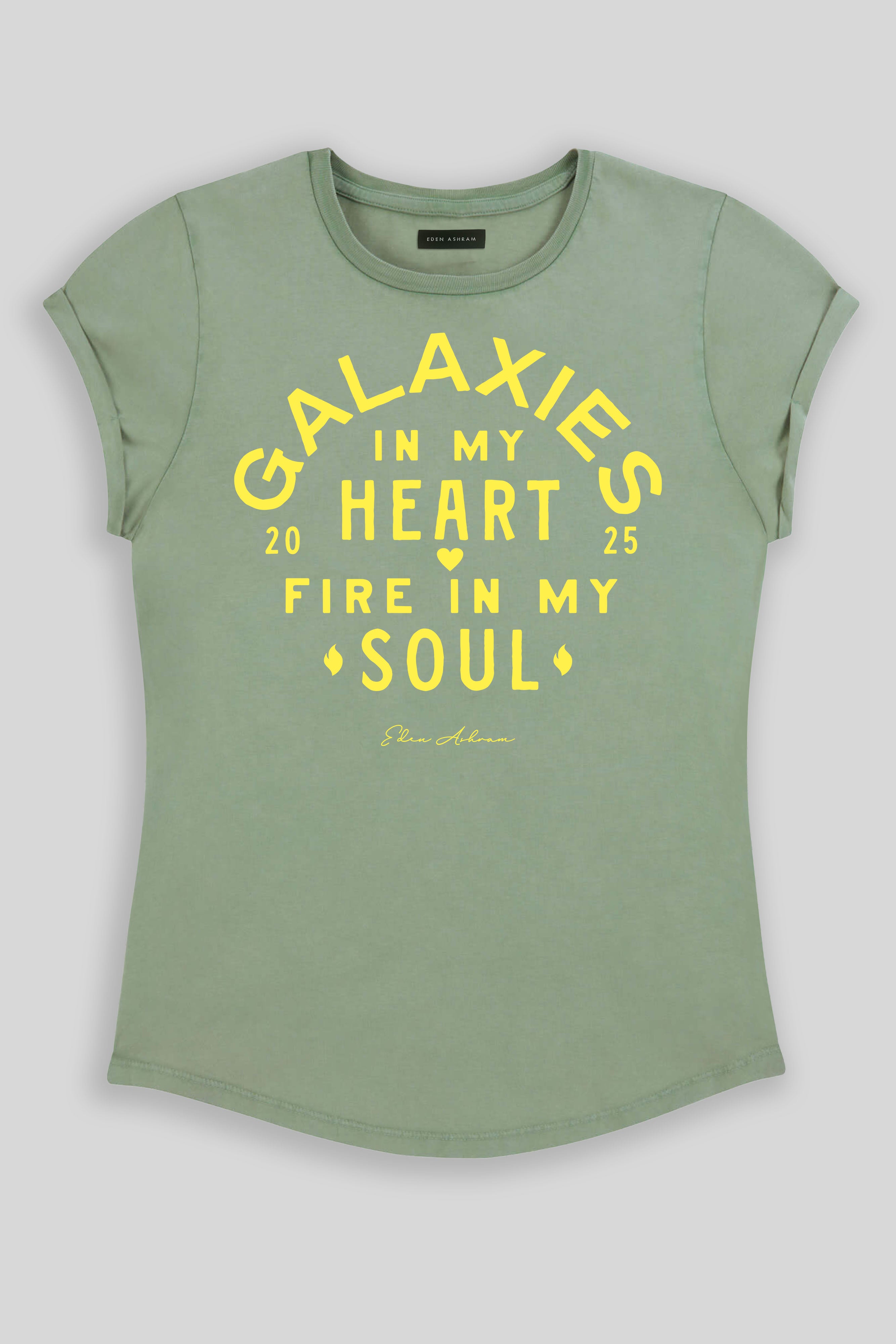 Eden Ashram Galaxies In My Heart - Fire In My Soul Premium Rolled Sleeve T-Shirt Stonewash Sage
