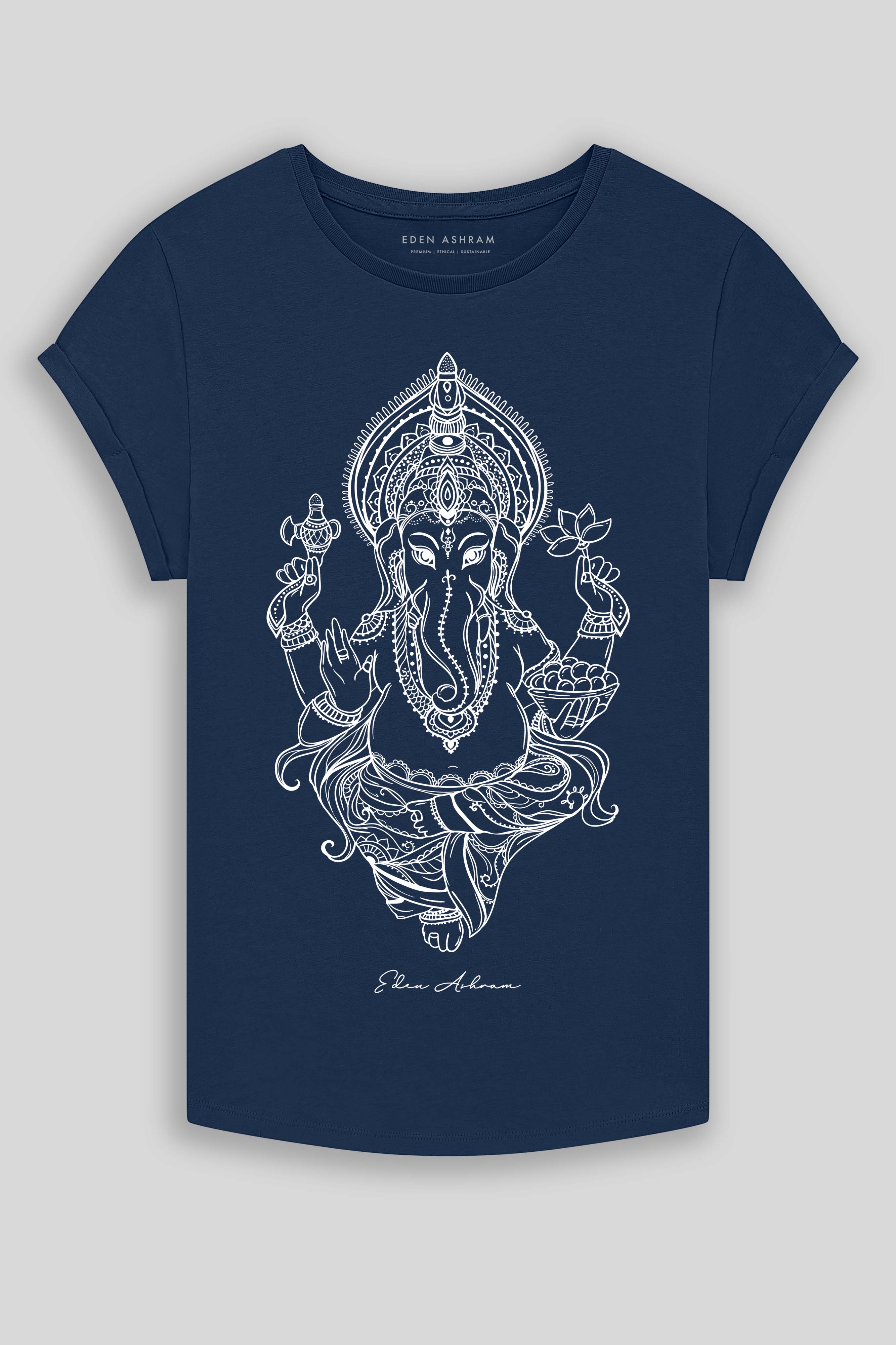 Eden Ashram Ganesha Premium Rolled Sleeve T-Shirt French Navy