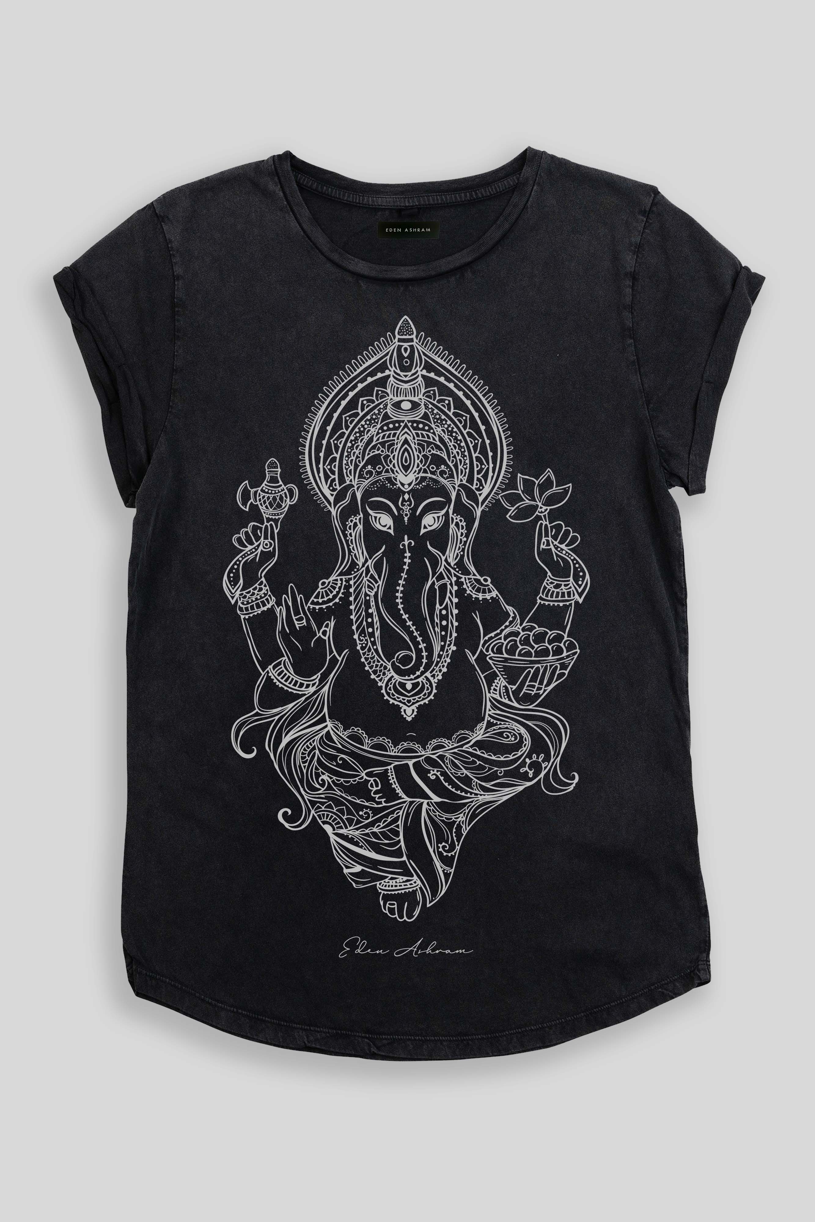 EDEN ASHRAM Ganesha Premium Rolled Sleeve T-Shirt Stonewash Black