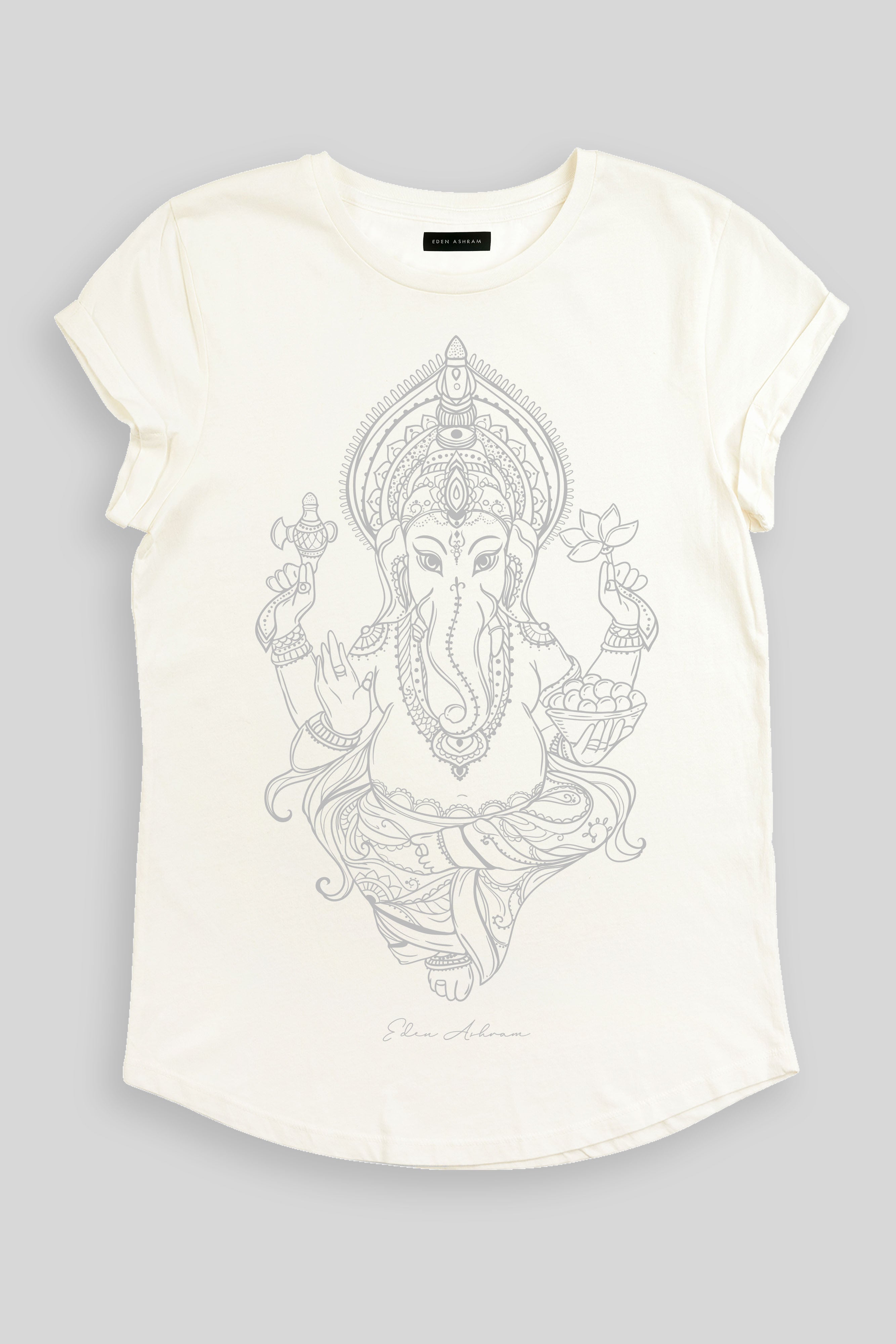 EDEN ASHRAM Ganesha Premium Rolled Sleeve T-Shirt Stonewash White