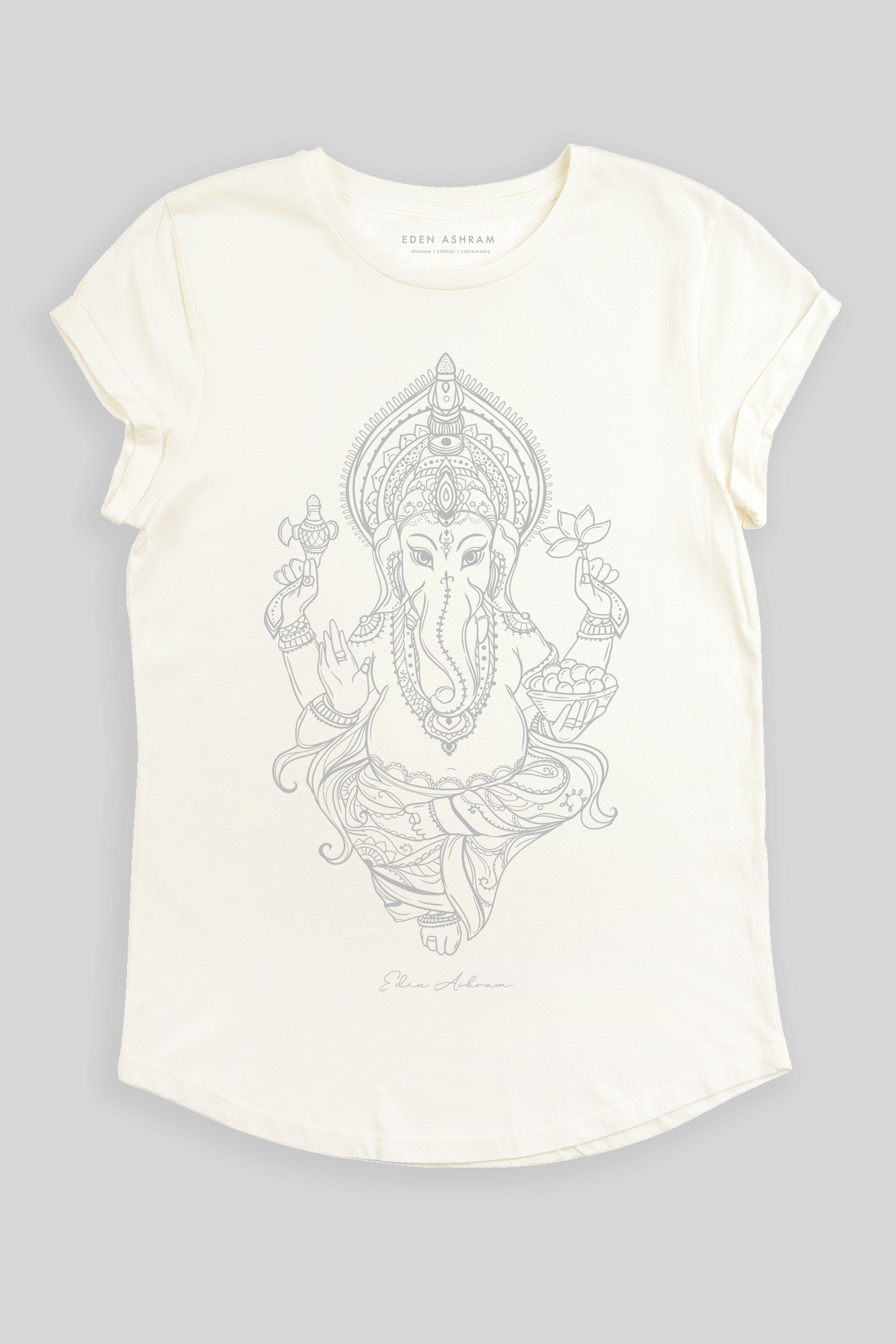 Eden Ashram Ganesha Premium Rolled Sleeve T-Shirt Stonewash White