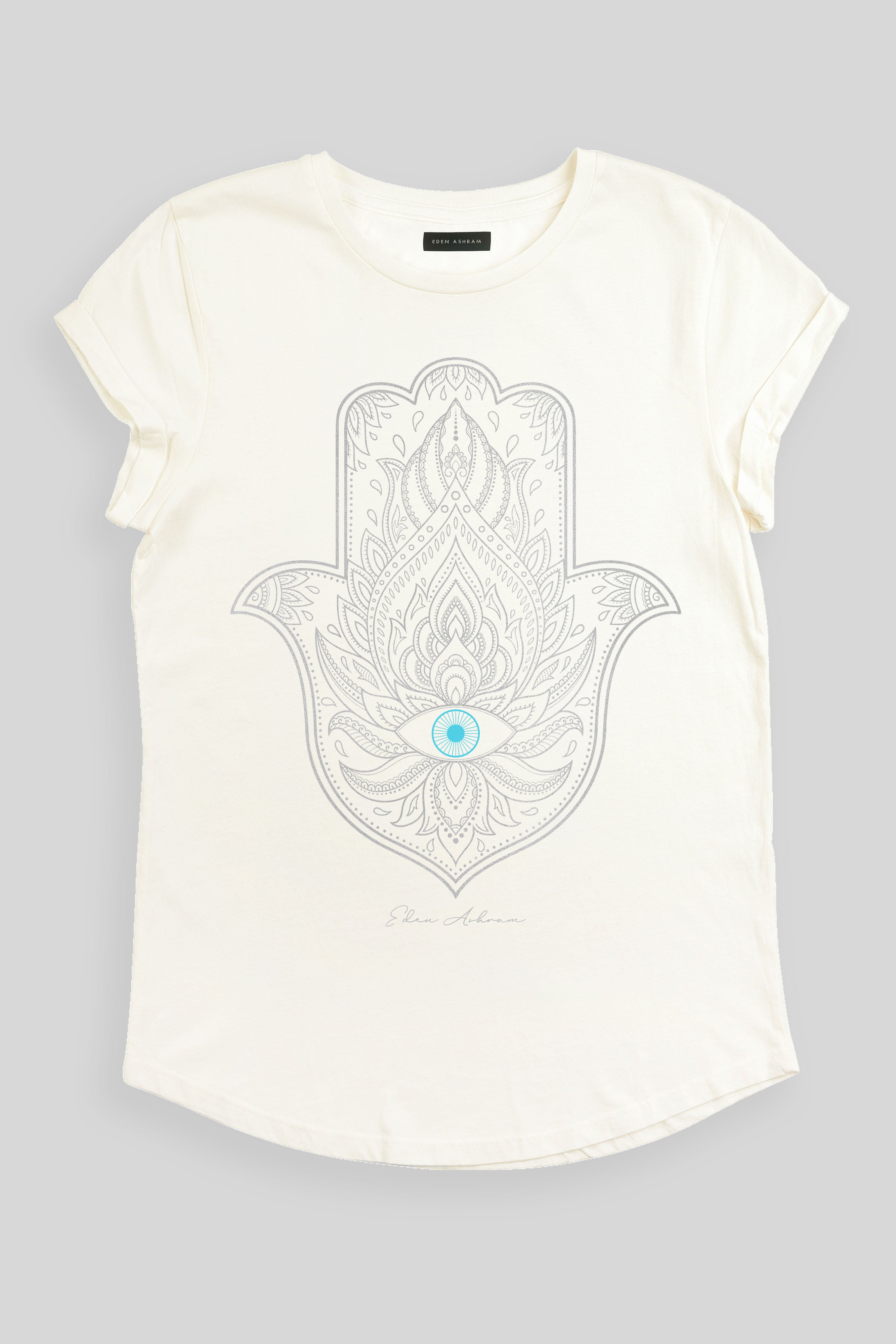 EDEN ASHRAM Hamsa Eye Premium Rolled Sleeve T-Shirt Stonewash White
