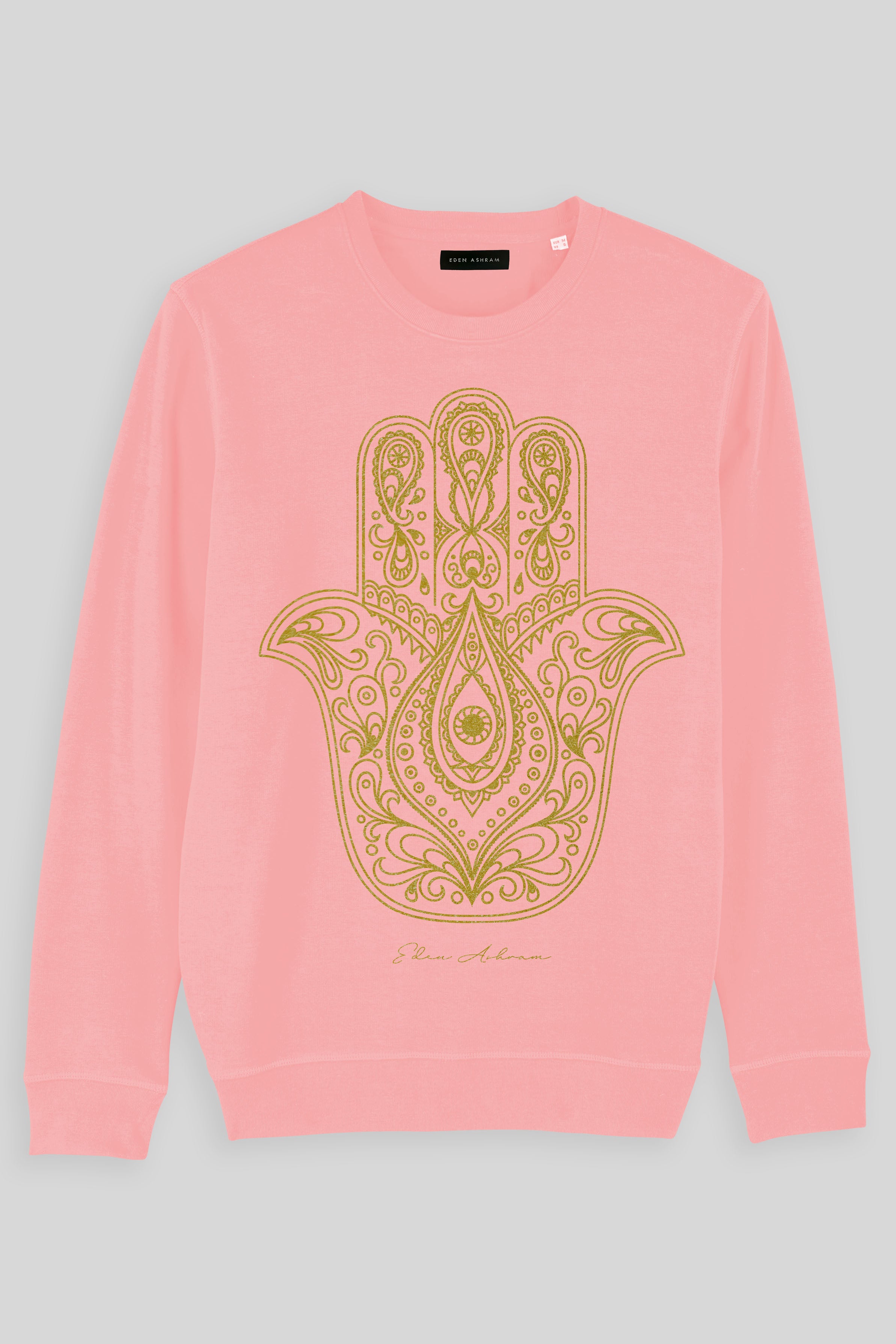 EDEN ASHRAM Gold Hamsa Organic Raglan Sweatshirt Coral Pink