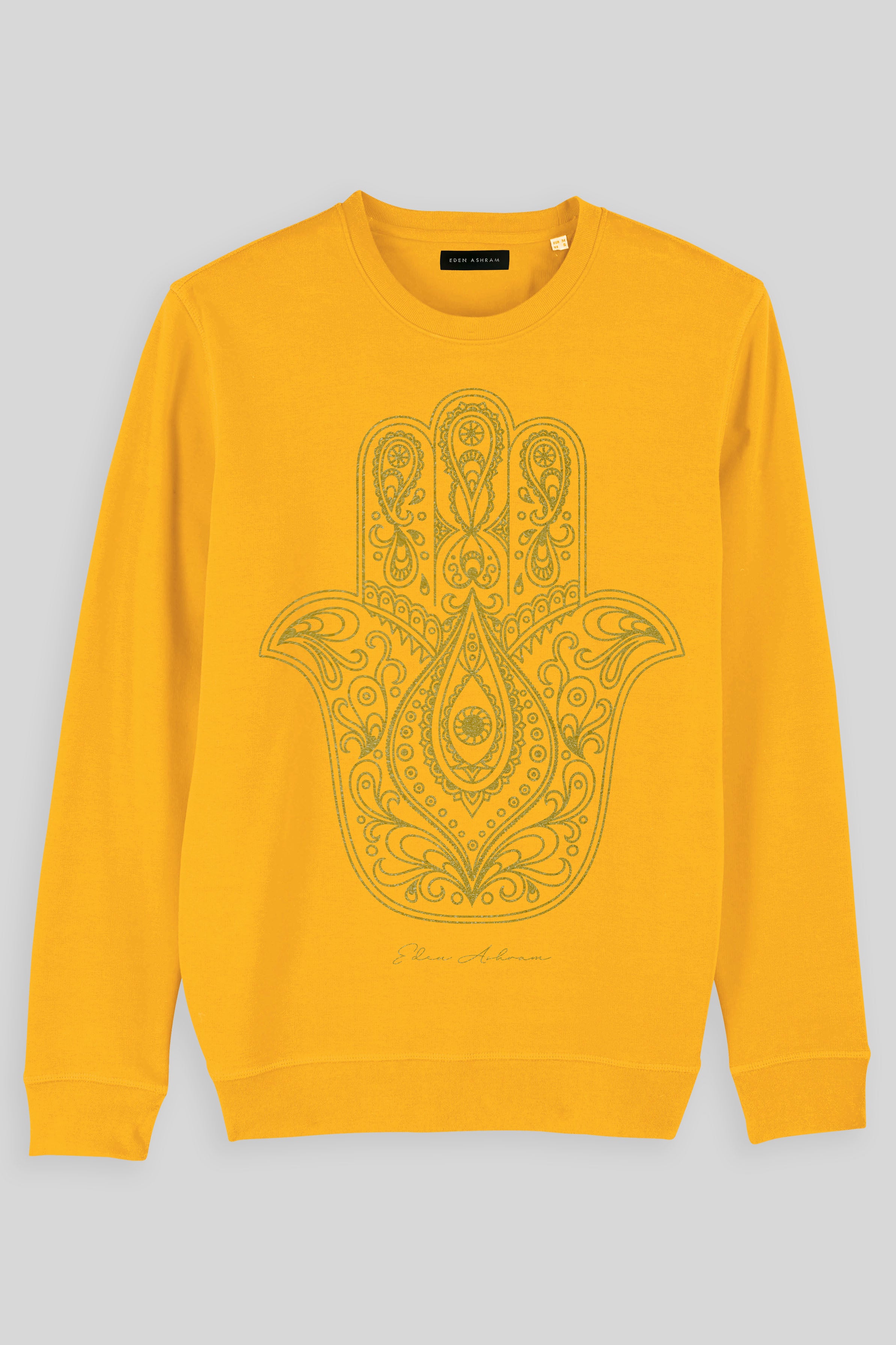 EDEN ASHRAM Gold Hamsa Organic Raglan Sweatshirt Spectra Yellow