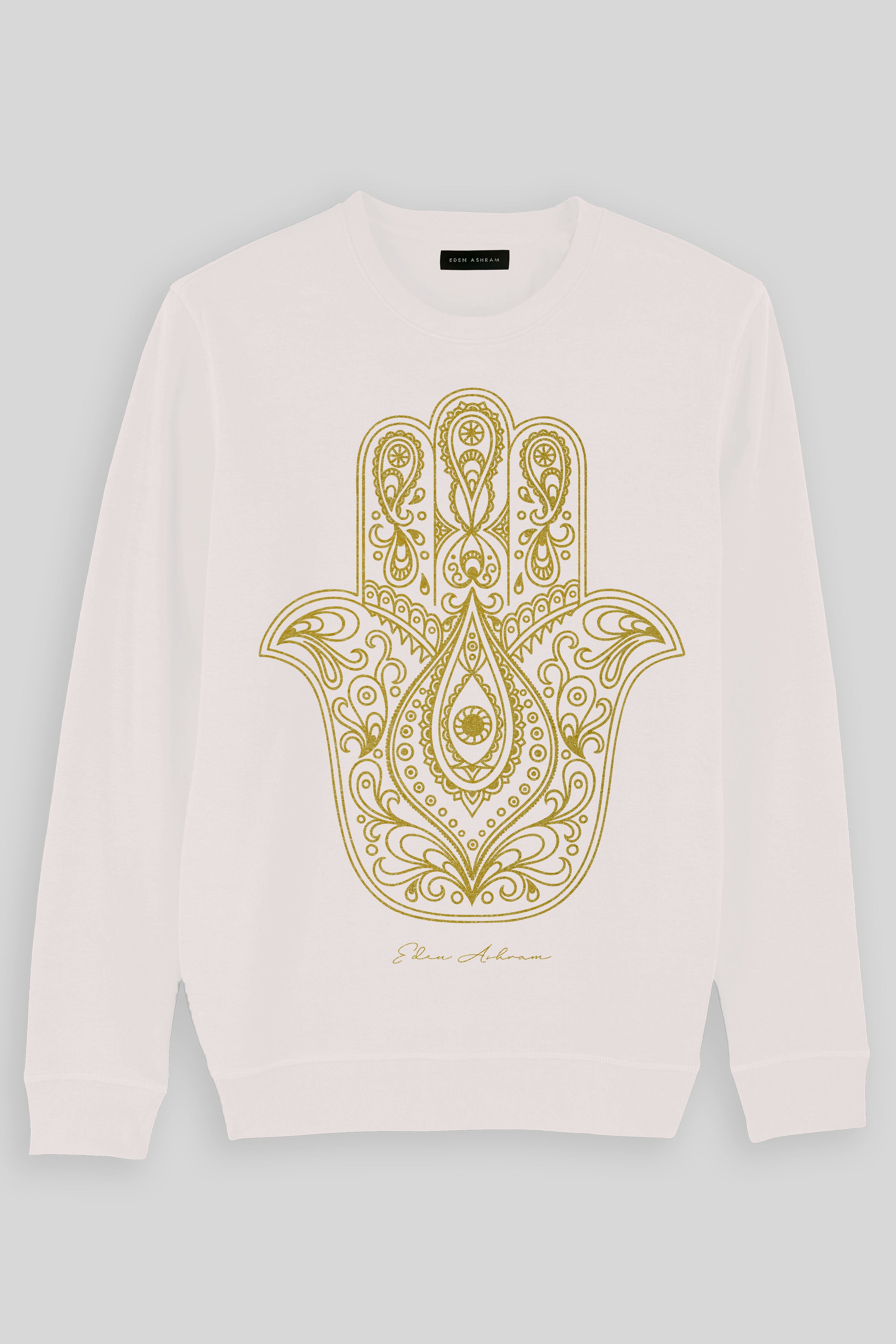EDEN ASHRAM Gold Hamsa Organic Raglan Sweatshirt Vintage White