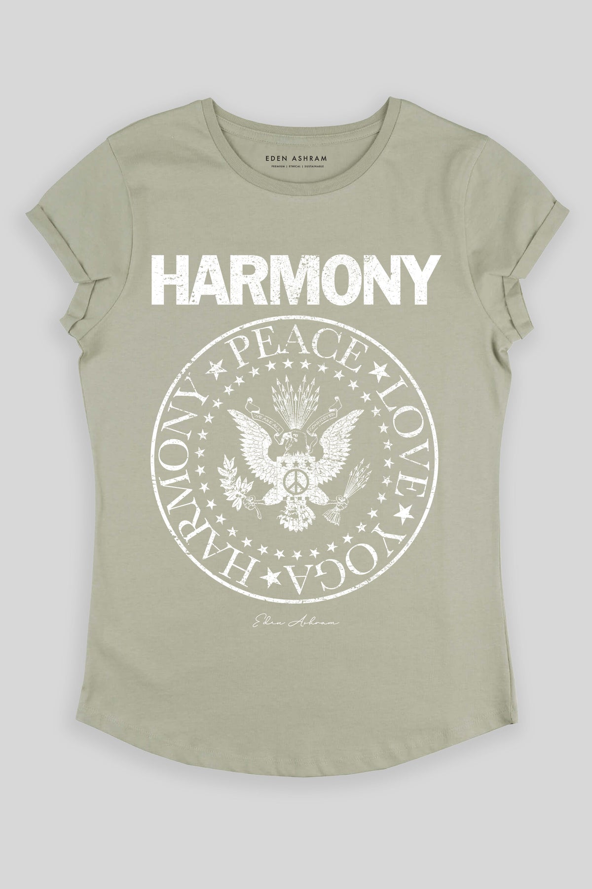 Eden Ashram Harmony Premium Rolled Sleeve Tour T-Shirt Light Olive