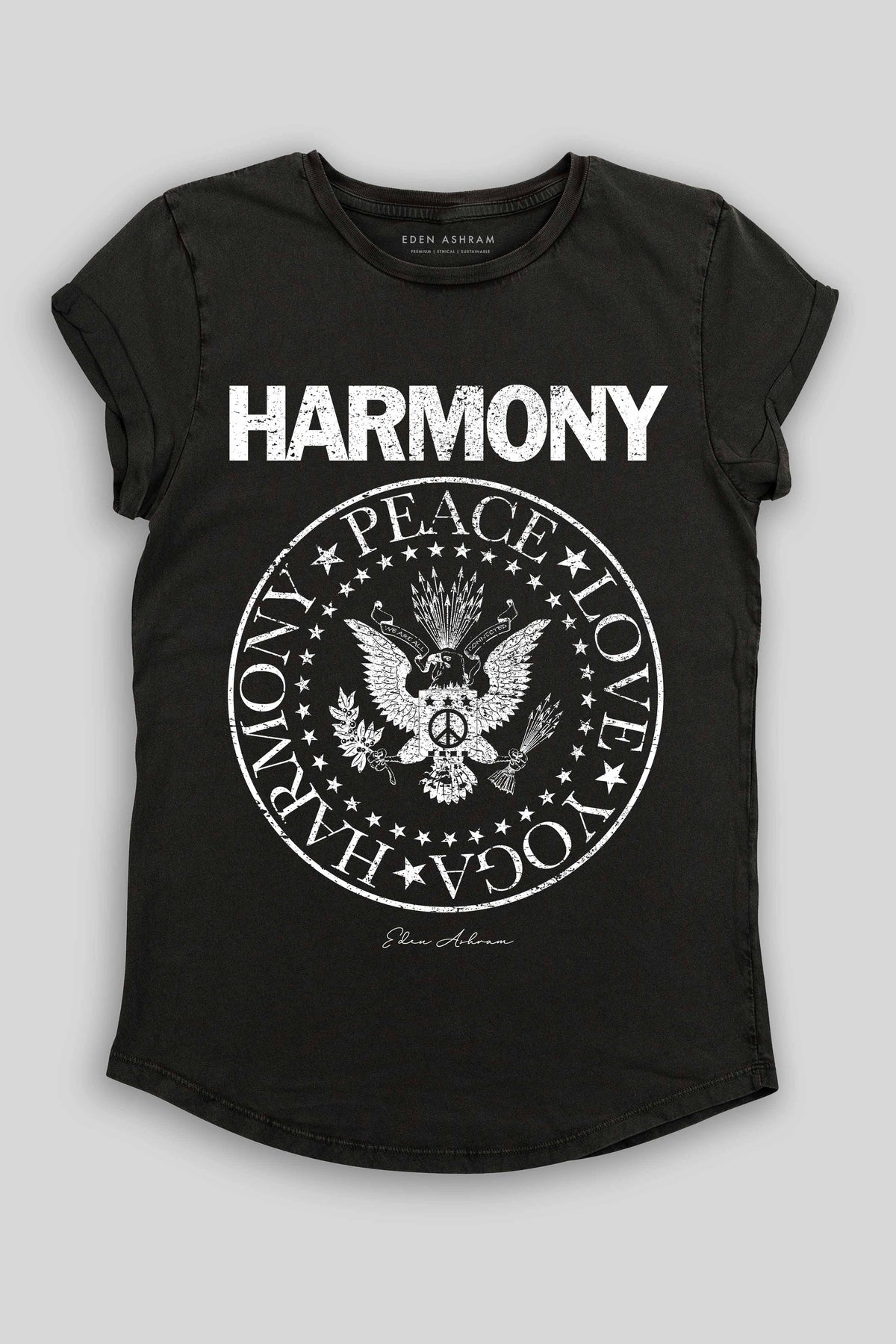Eden Ashram Harmony Premium Rolled Sleeve Tour T-Shirt Stonewash Black