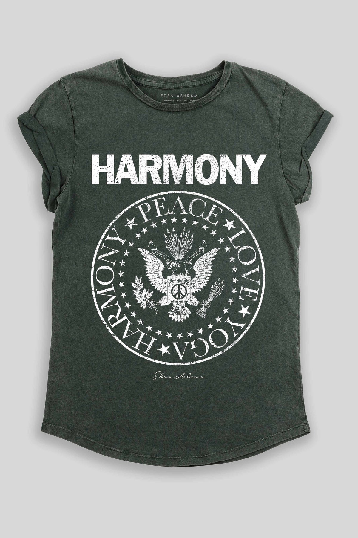 Eden Ashram Harmony Premium Rolled Sleeve Tour T-Shirt Stonewash Green
