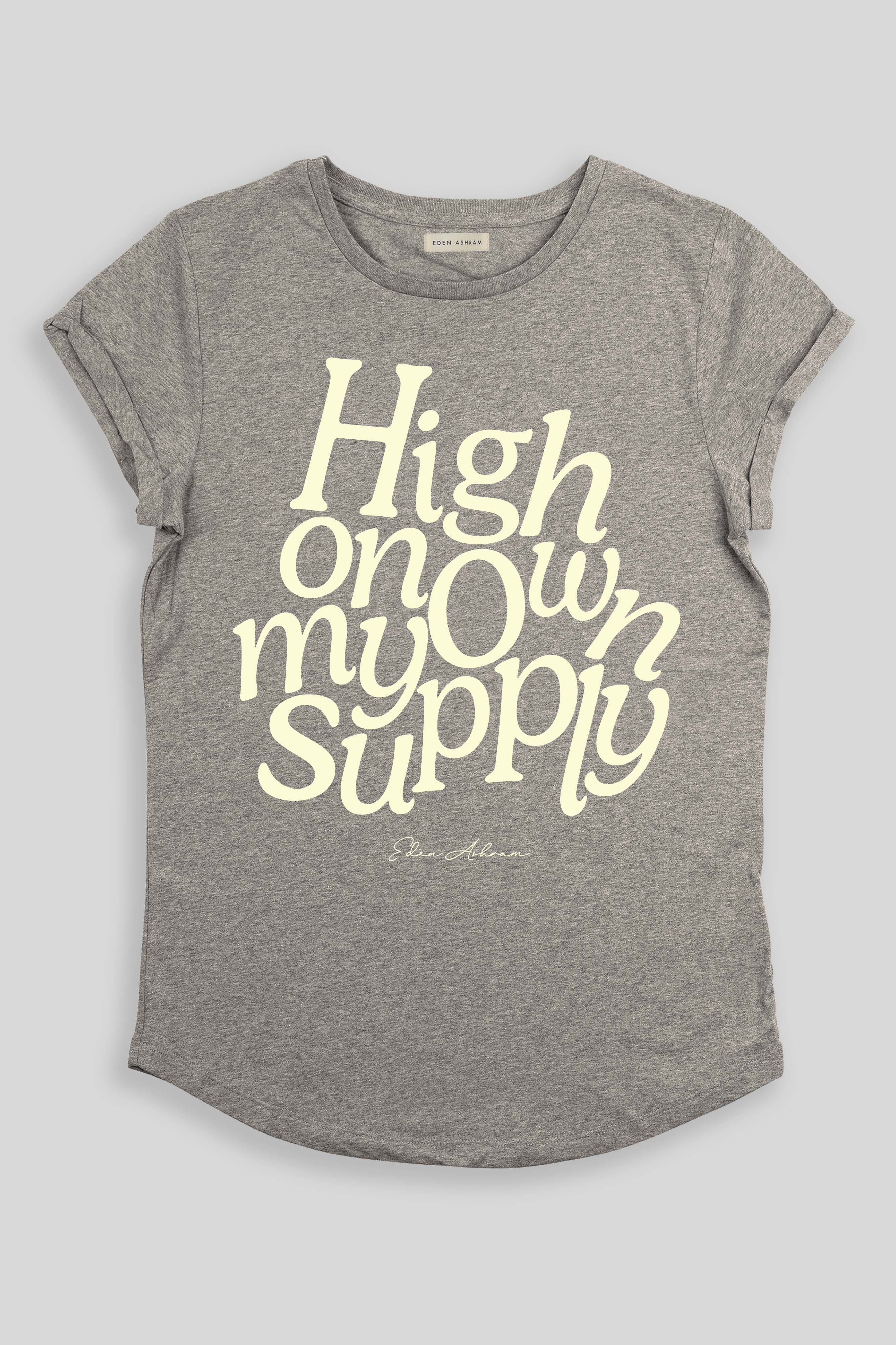 EDEN ASHRAM High On My Own Supply Organic Rolled Sleeve T-Shirt Heather Grey