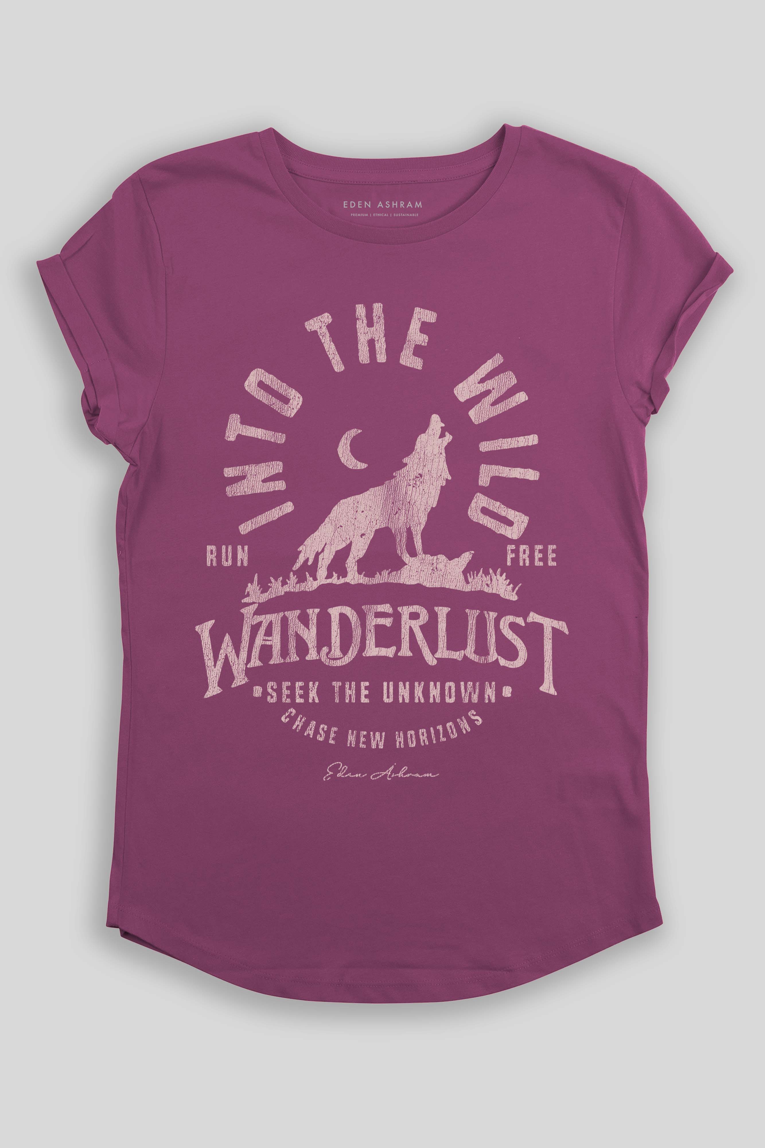 Eden Ashram Into The Wild Premium Rolled Sleeve T-Shirt Faded Burgundy