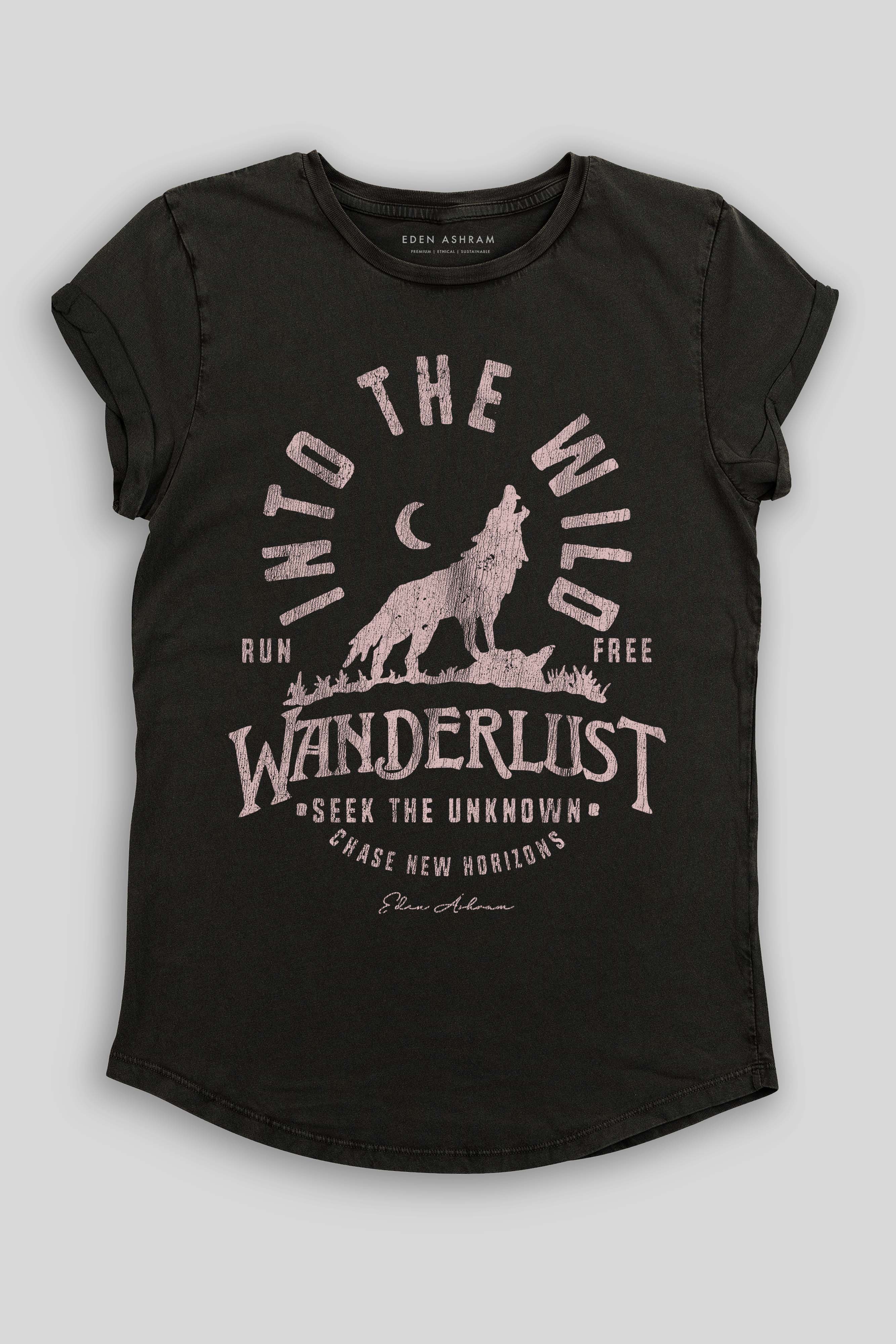 Eden Ashram Into The Wild Premium Rolled Sleeve T-Shirt Stonewash Black