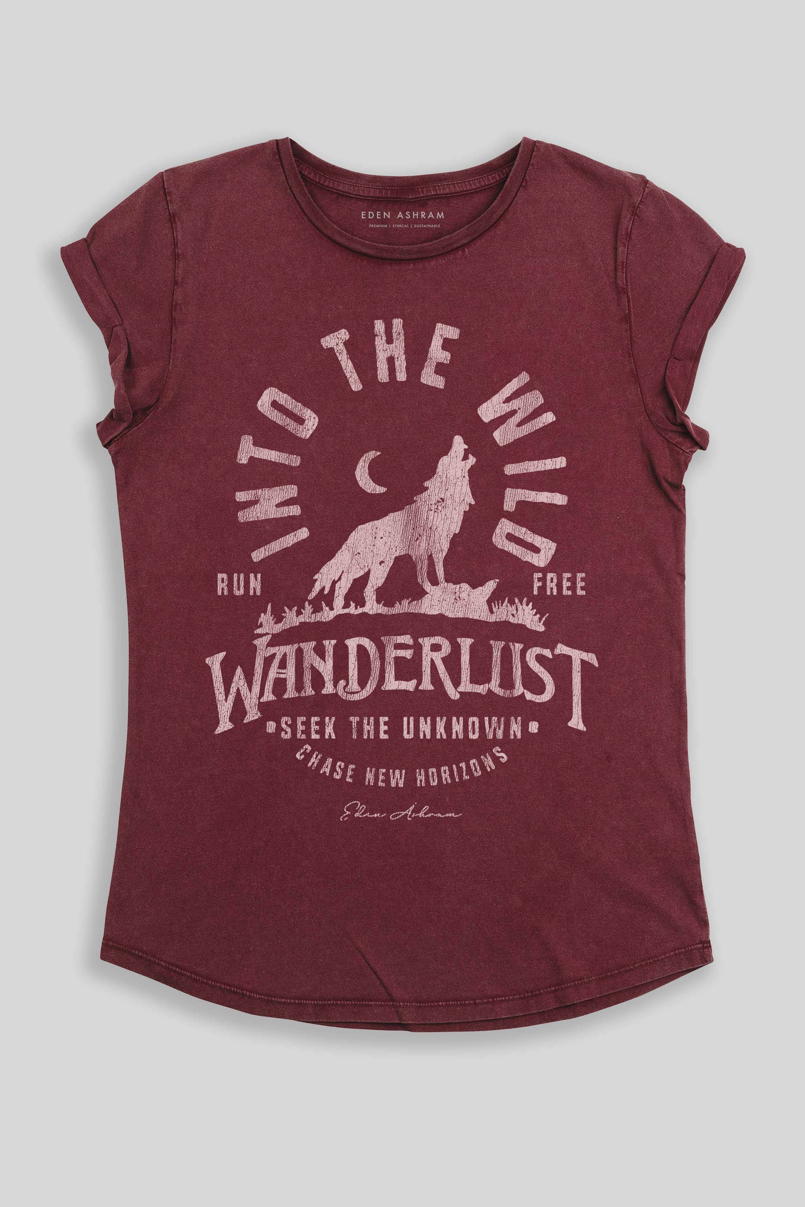 Eden Ashram Into The Wild Premium Rolled Sleeve T-Shirt Stonewash Burgundy
