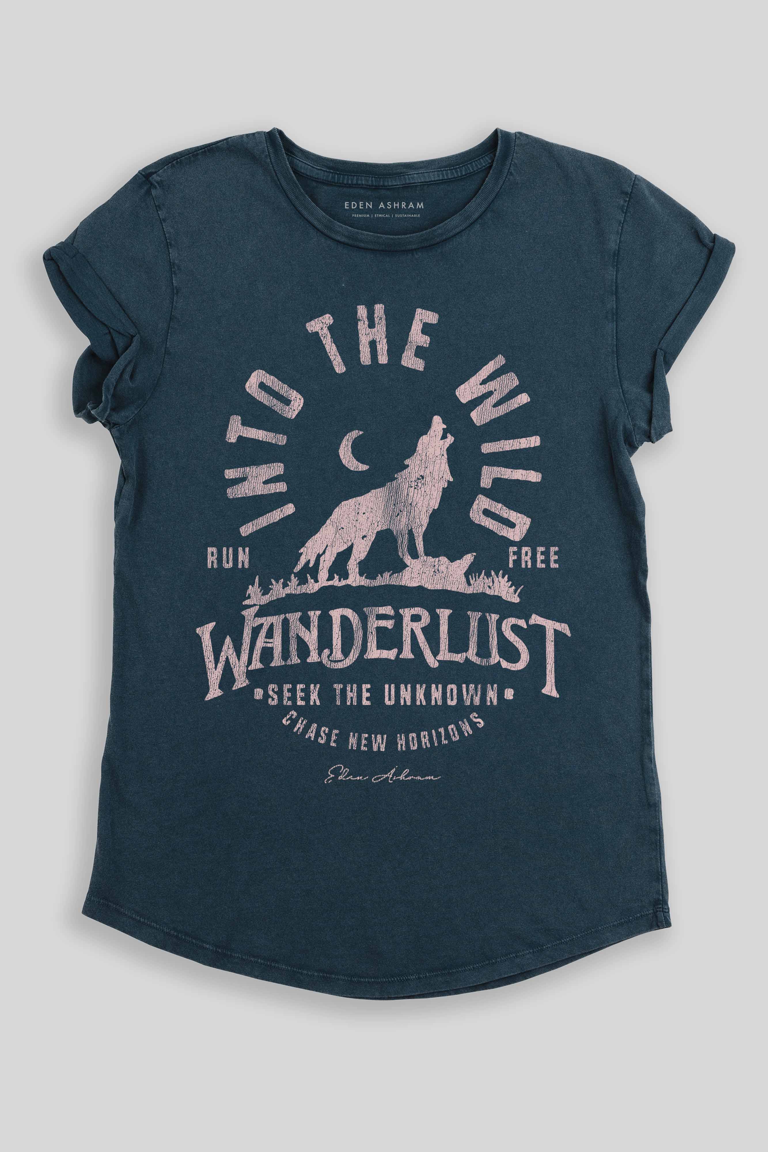 Eden Ashram Into The Wild Premium Rolled Sleeve T-Shirt Stonewash Denim