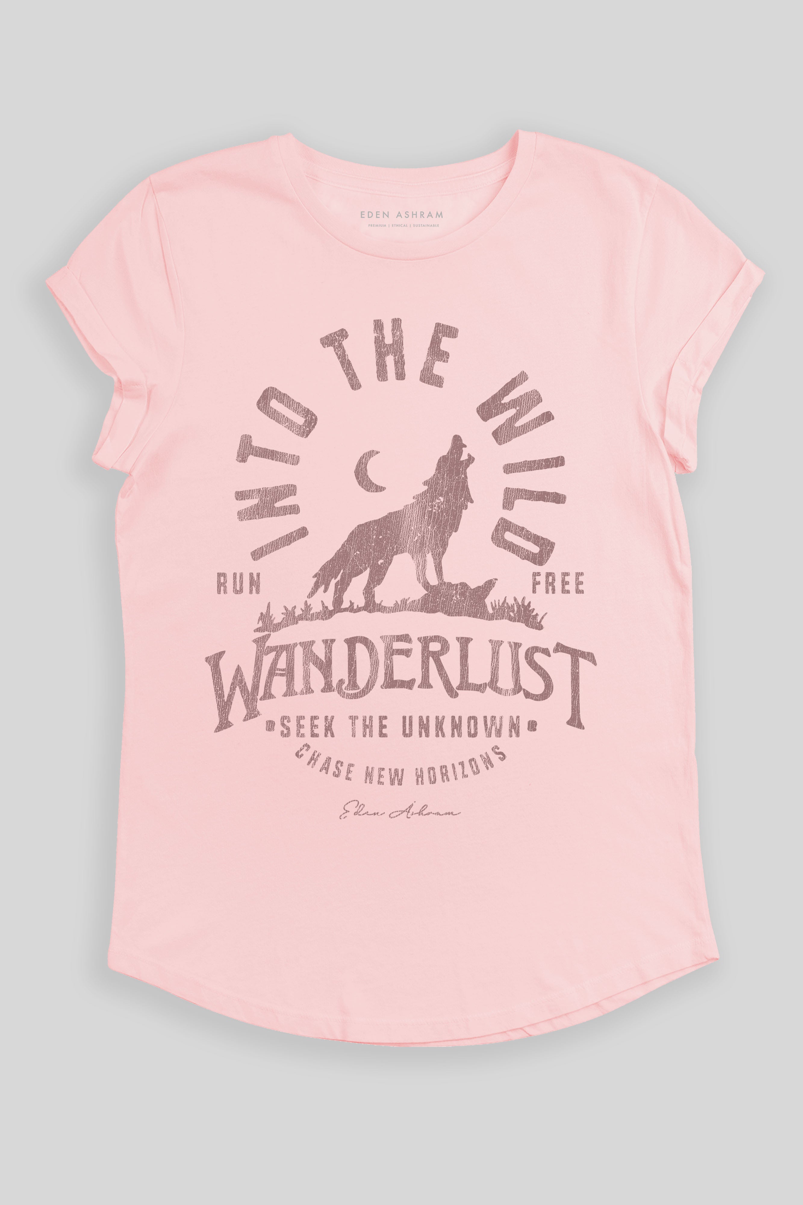Eden Ashram Into The Wild Premium Rolled Sleeve T-Shirt Stonewash Pink