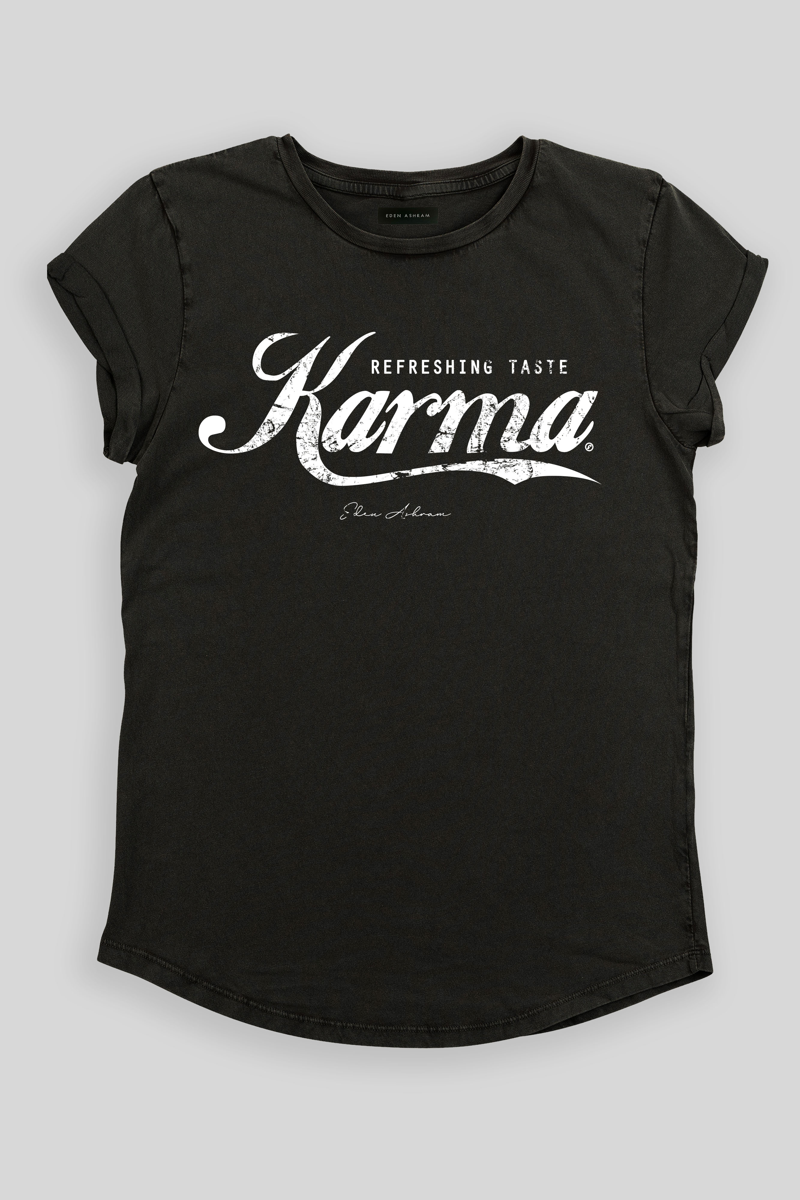 EDEN ASHRAM Karma Swish Premium Rolled Sleeve T-Shirt Stonewash Black