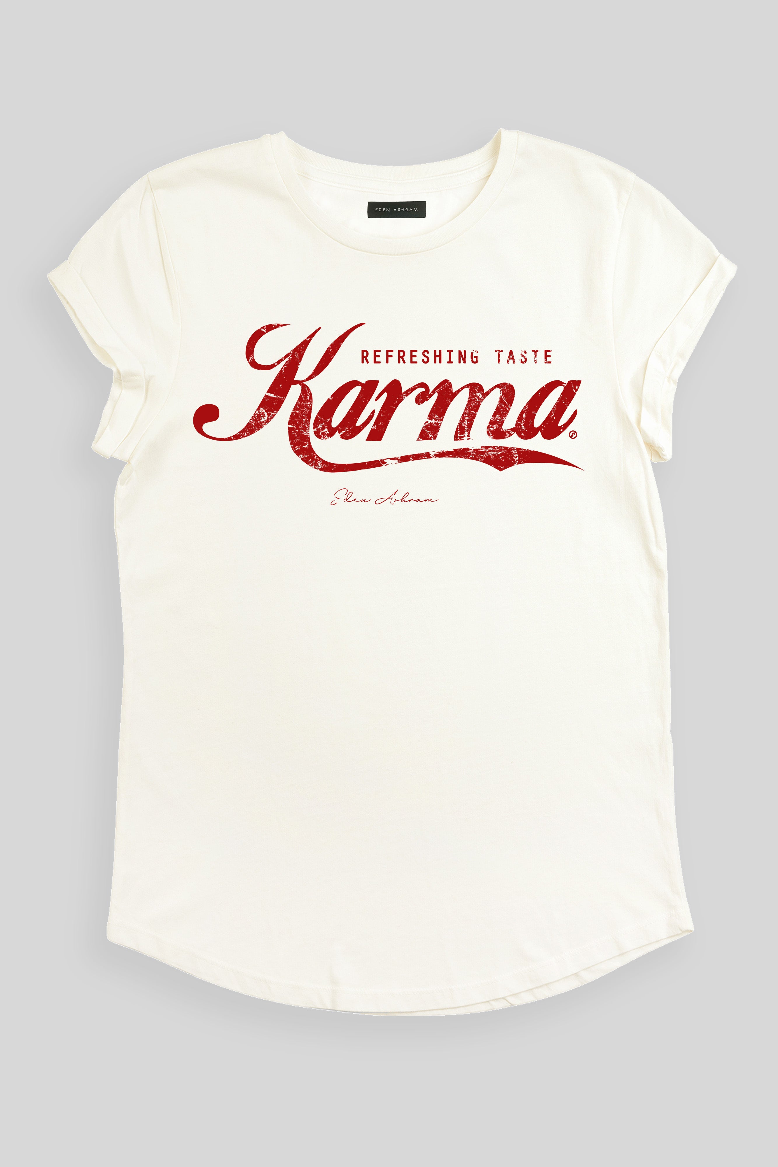 EDEN ASHRAM Karma Swish Premium Rolled Sleeve T-Shirt Stonewash White