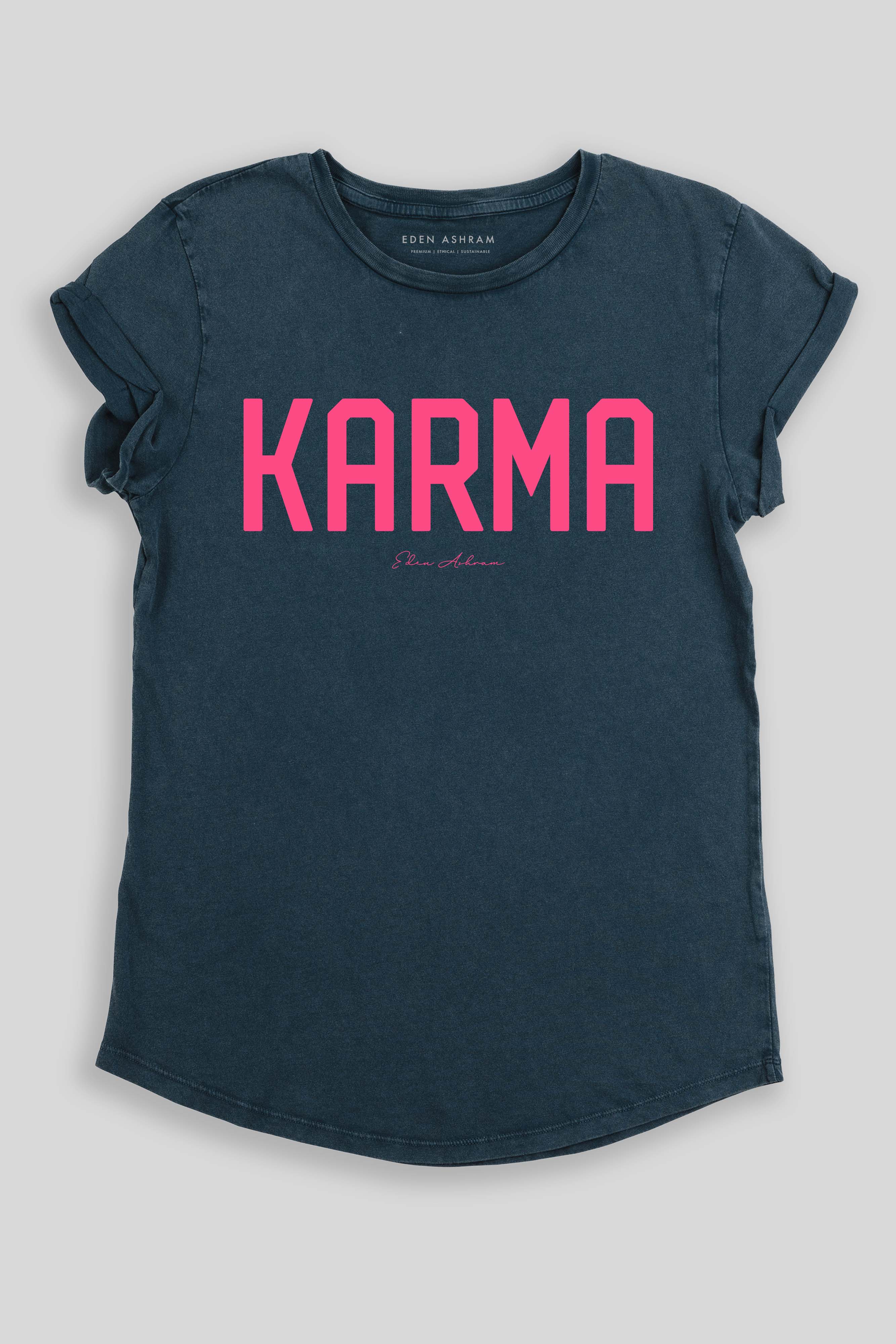 Eden Ashram KARMA Premium Rolled Sleeve T-Shirt Stonewash Denim