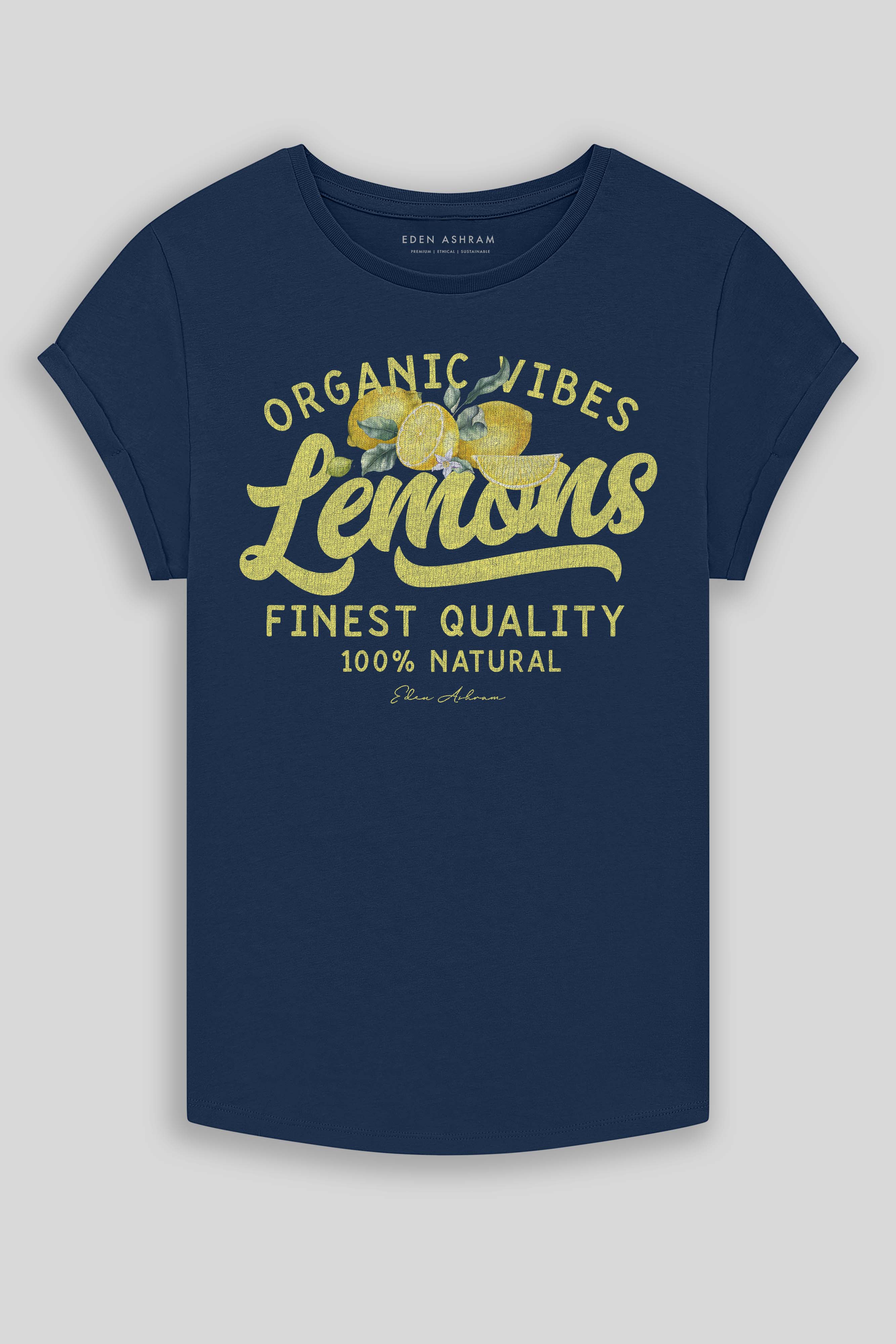 Eden Ashram Lemons Premium Rolled Sleeve T-Shirt French Navy