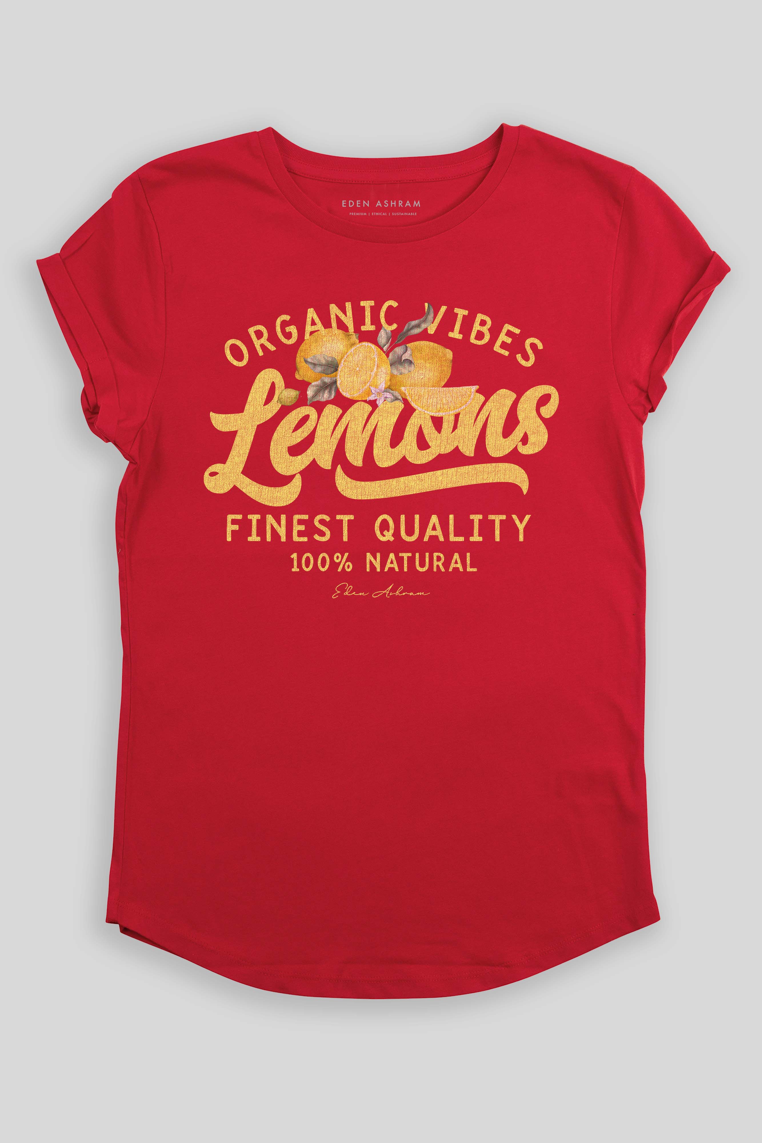 Eden Ashram Lemons Premium Rolled Sleeve T-Shirt Red