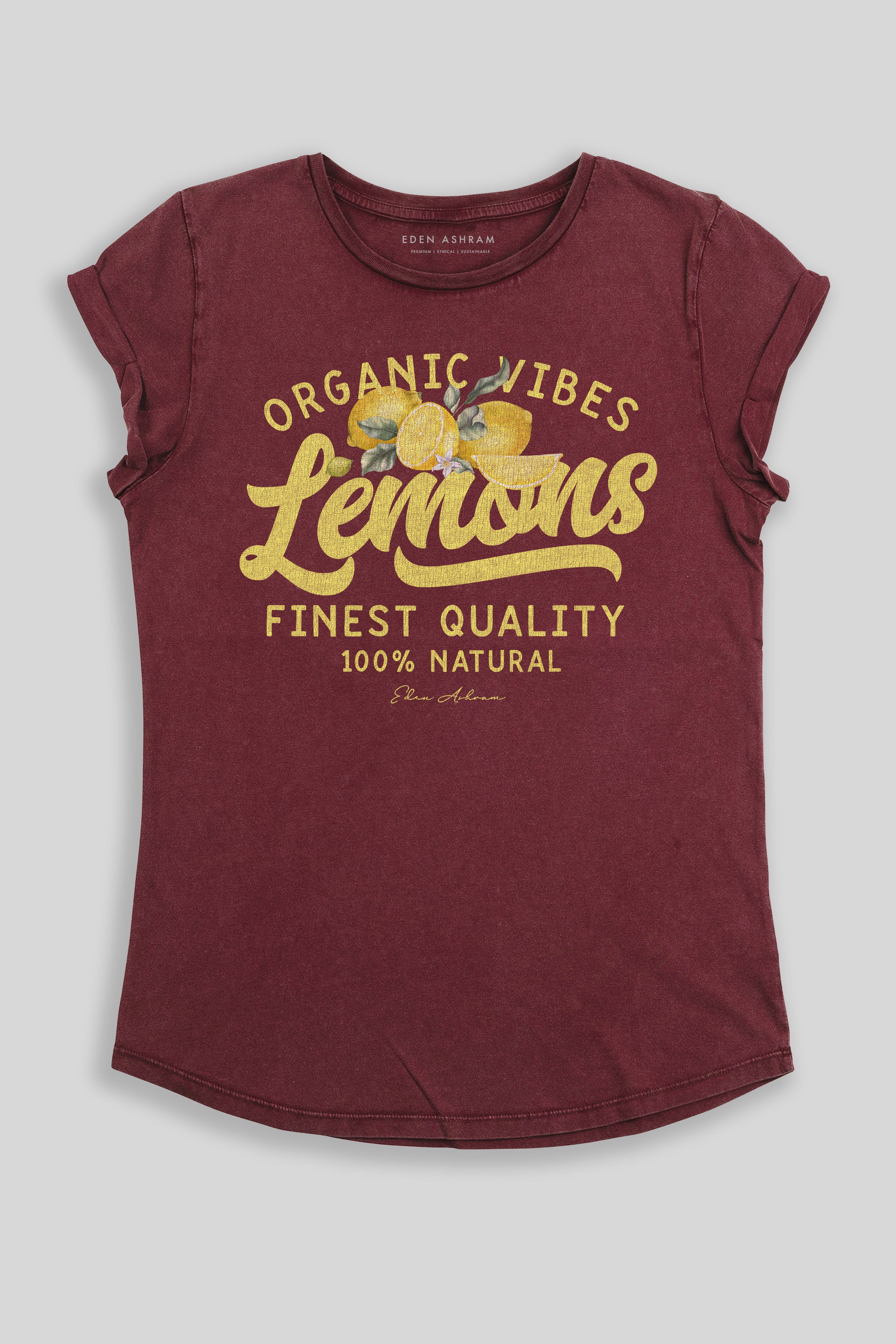 Eden Ashram Lemons Premium Rolled Sleeve T-Shirt Stonewash Burgundy