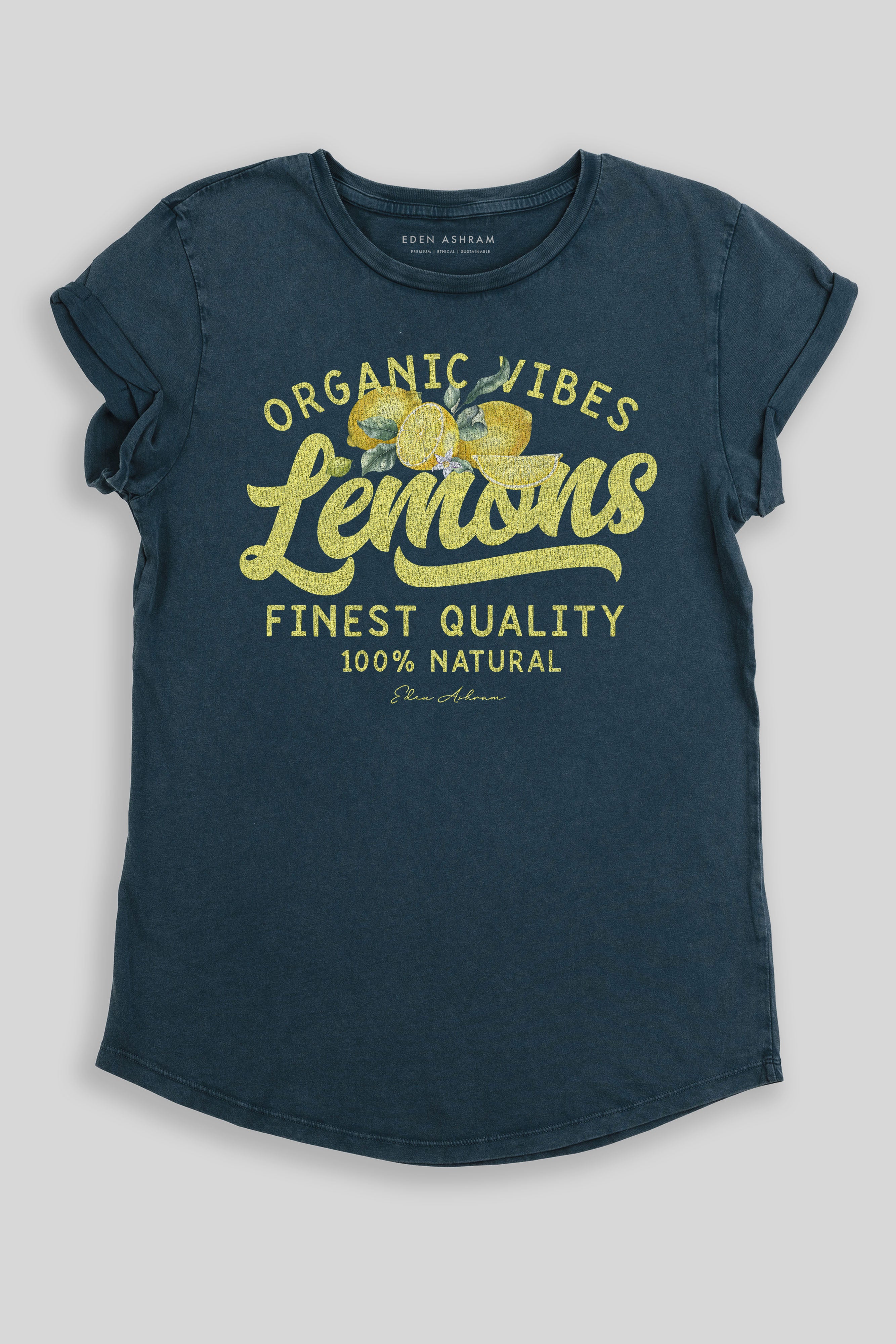 Eden Ashram Lemons Premium Rolled Sleeve T-Shirt Stonewash Denim