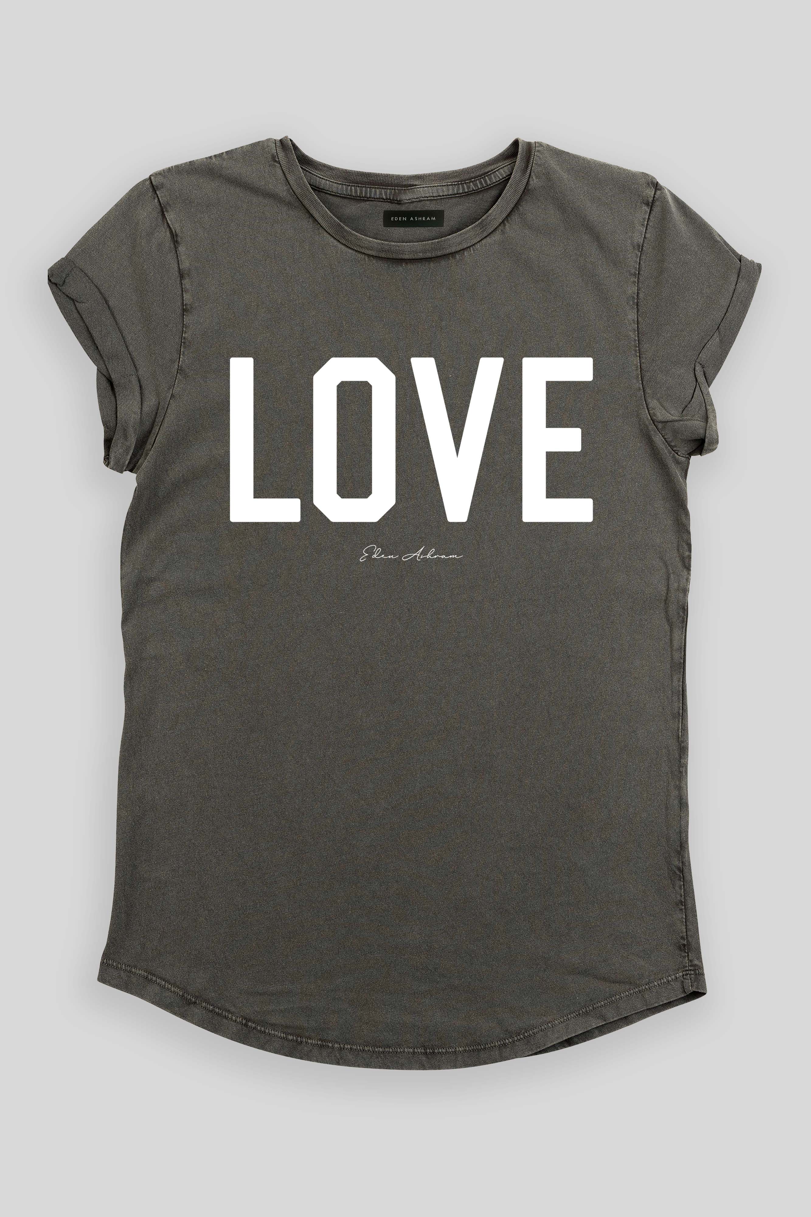 EDEN ASHRAM LOVE Premium Rolled Sleeve T-Shirt Stonewash Grey