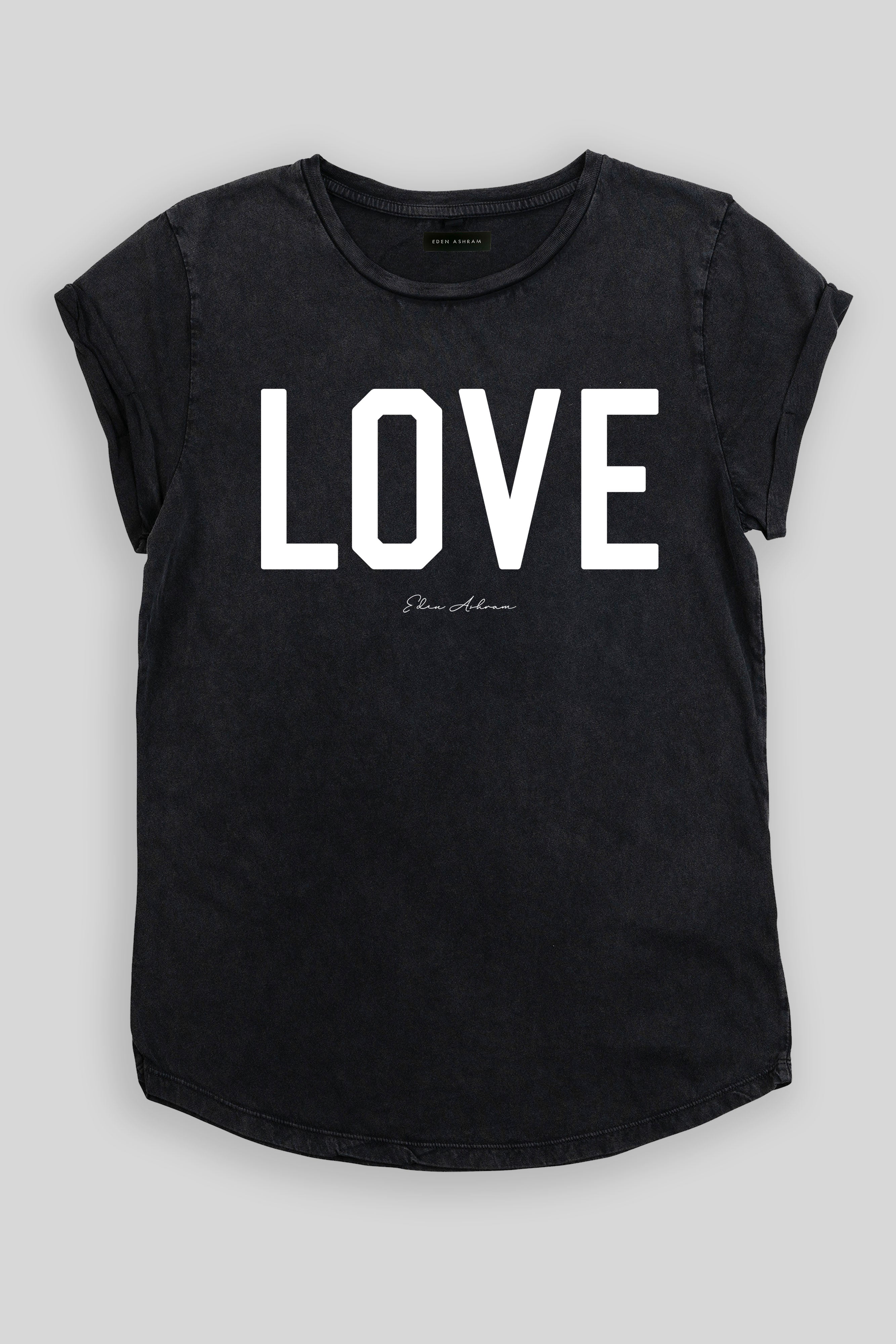 EDEN ASHRAM LOVE Premium Rolled Sleeve T-Shirt Stonewash Black