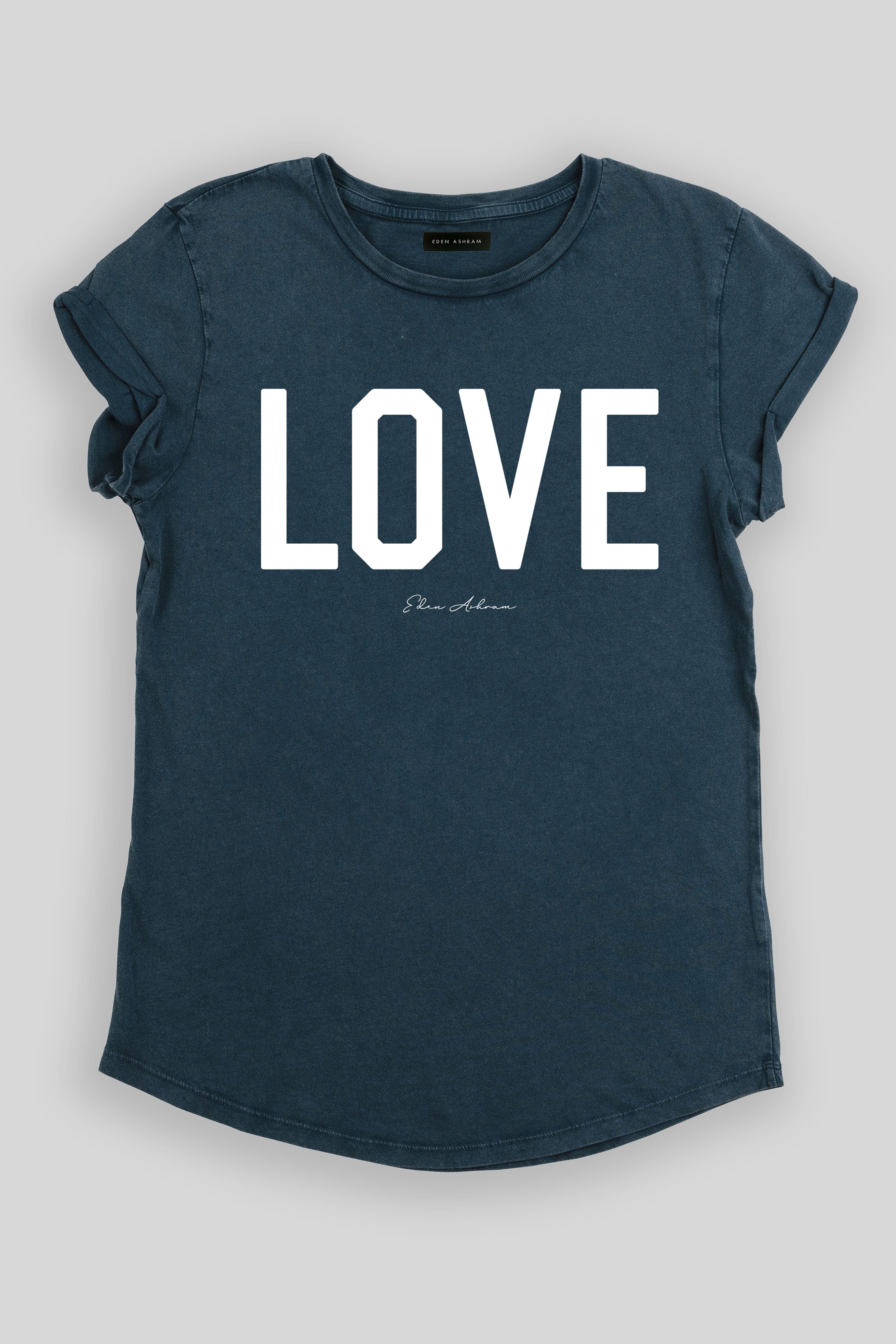 EDEN ASHRAM LOVE Premium Rolled Sleeve T-Shirt Stonewash Denim